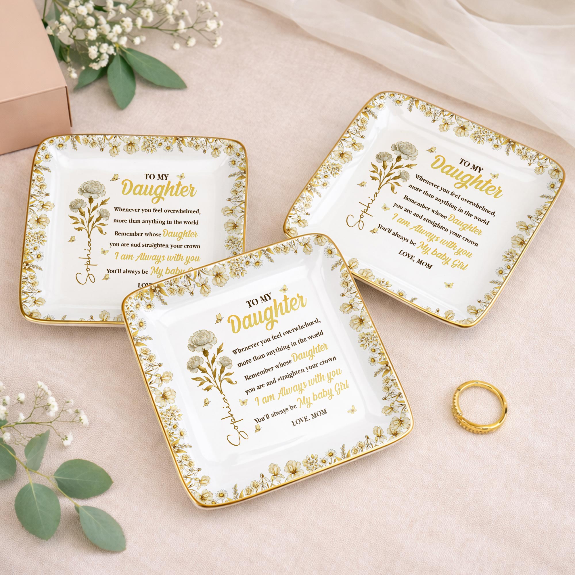 To My Daughter, Straighten Your Crown With Flowers And Crown Design - Personalized Custom Jewelry Dish, Ceramic Dish, Square Shape - DAU304_SCRF