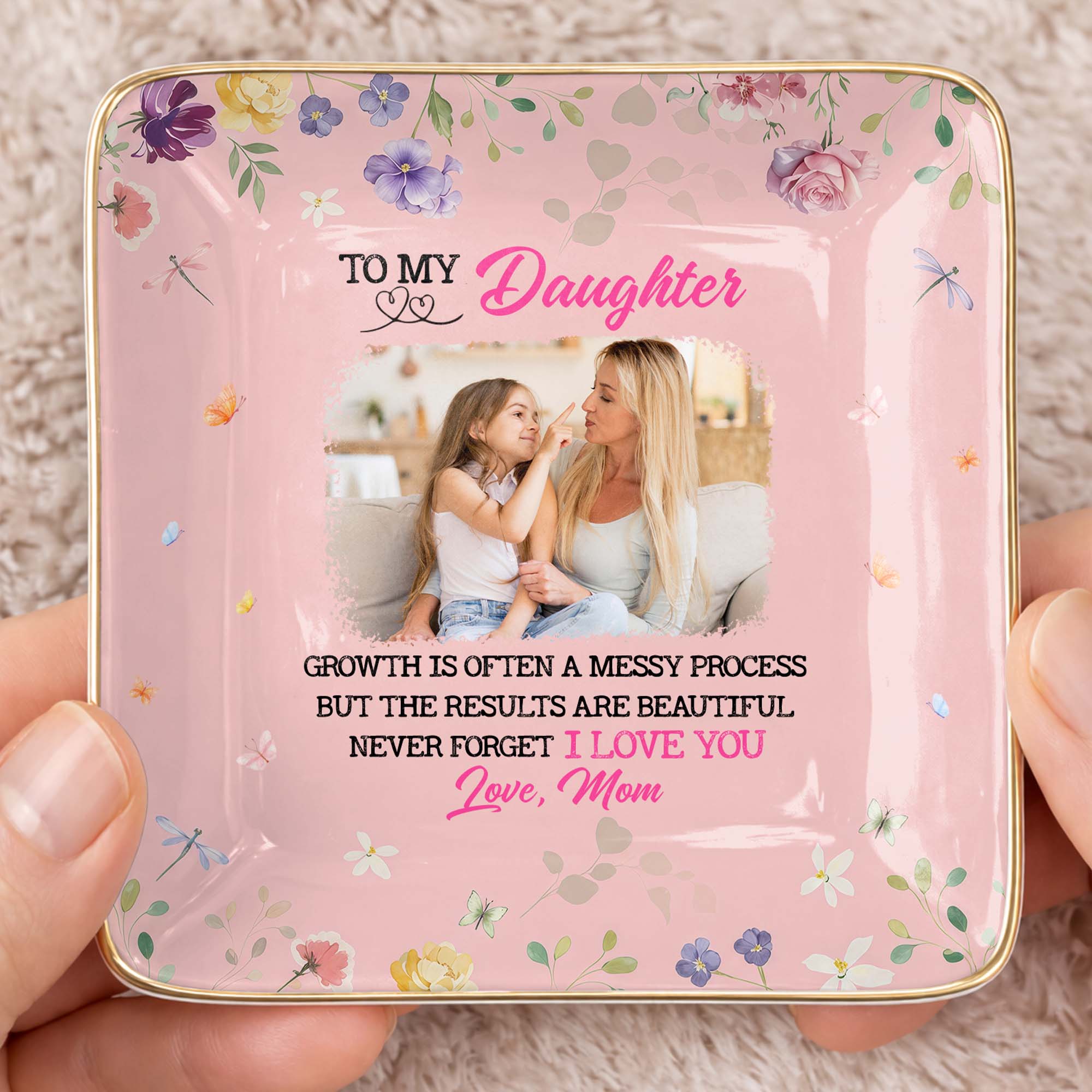 To My Daughter, Growth Is Beautiful, Flowers And Butterflies - Personalized Custom Jewelry Dish, Ceramic Dish, Square Shape - DAU305_SCRF