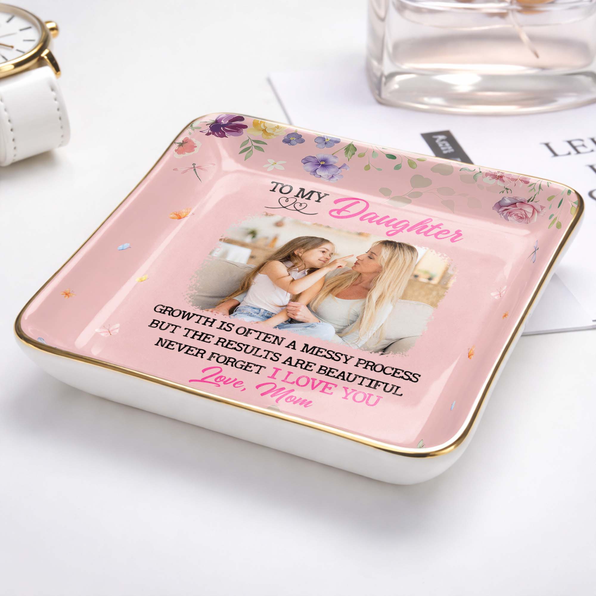 To My Daughter, Growth Is Beautiful, Flowers And Butterflies - Personalized Custom Jewelry Dish, Ceramic Dish, Square Shape - DAU305_SCRF