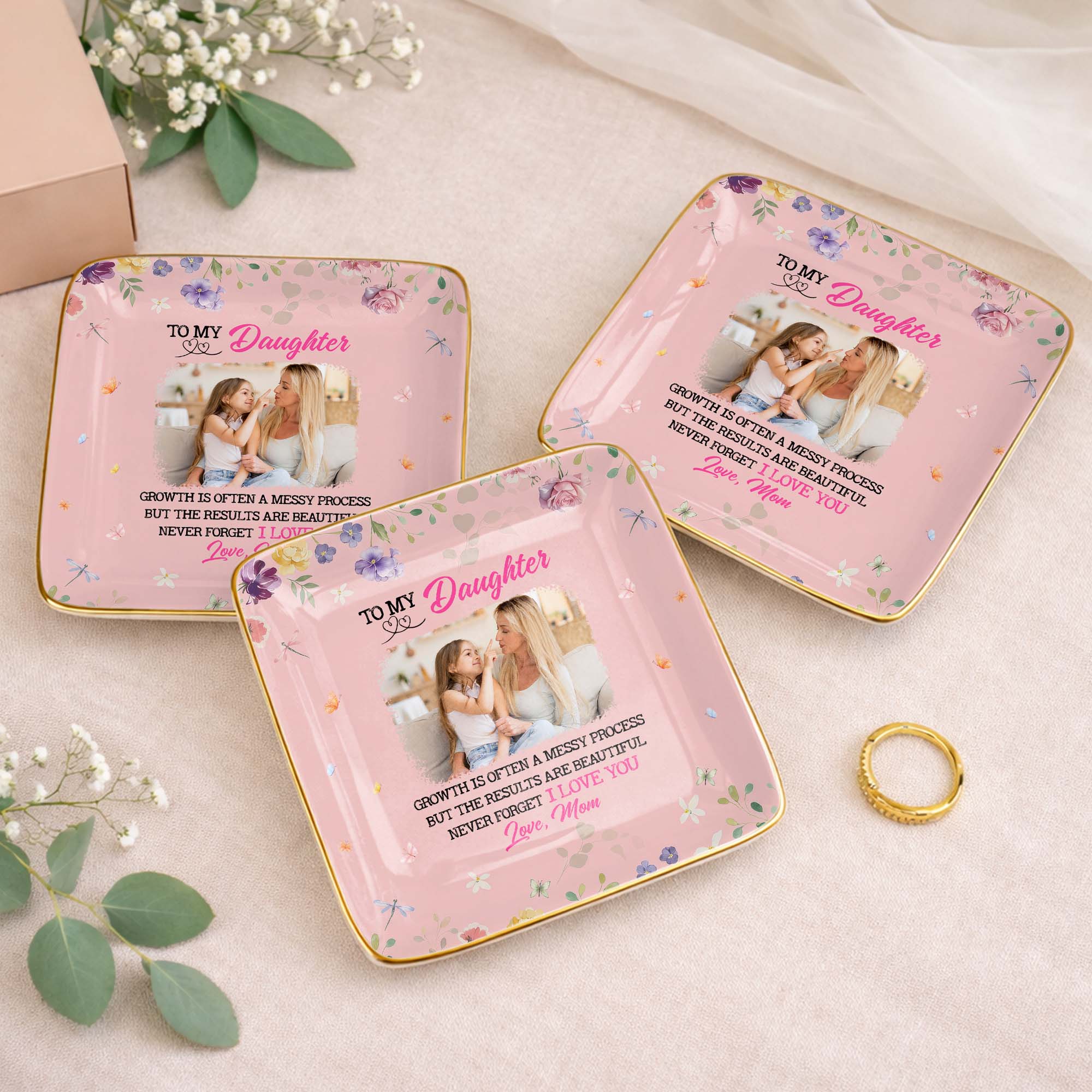To My Daughter, Growth Is Beautiful, Flowers And Butterflies - Personalized Custom Jewelry Dish, Ceramic Dish, Square Shape - DAU305_SCRF