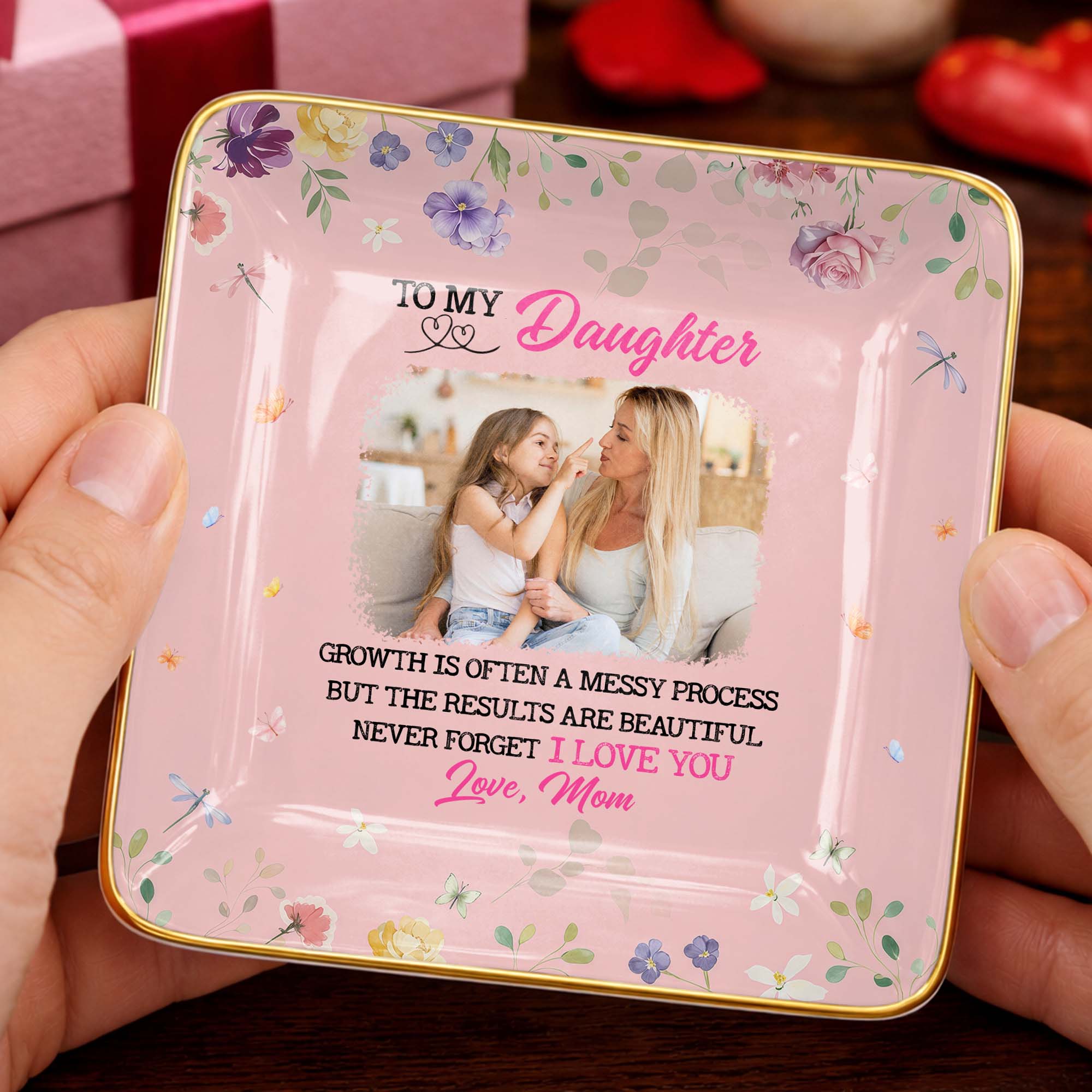 To My Daughter, Growth Is Beautiful, Flowers And Butterflies - Personalized Custom Jewelry Dish, Ceramic Dish, Square Shape - DAU305_SCRF
