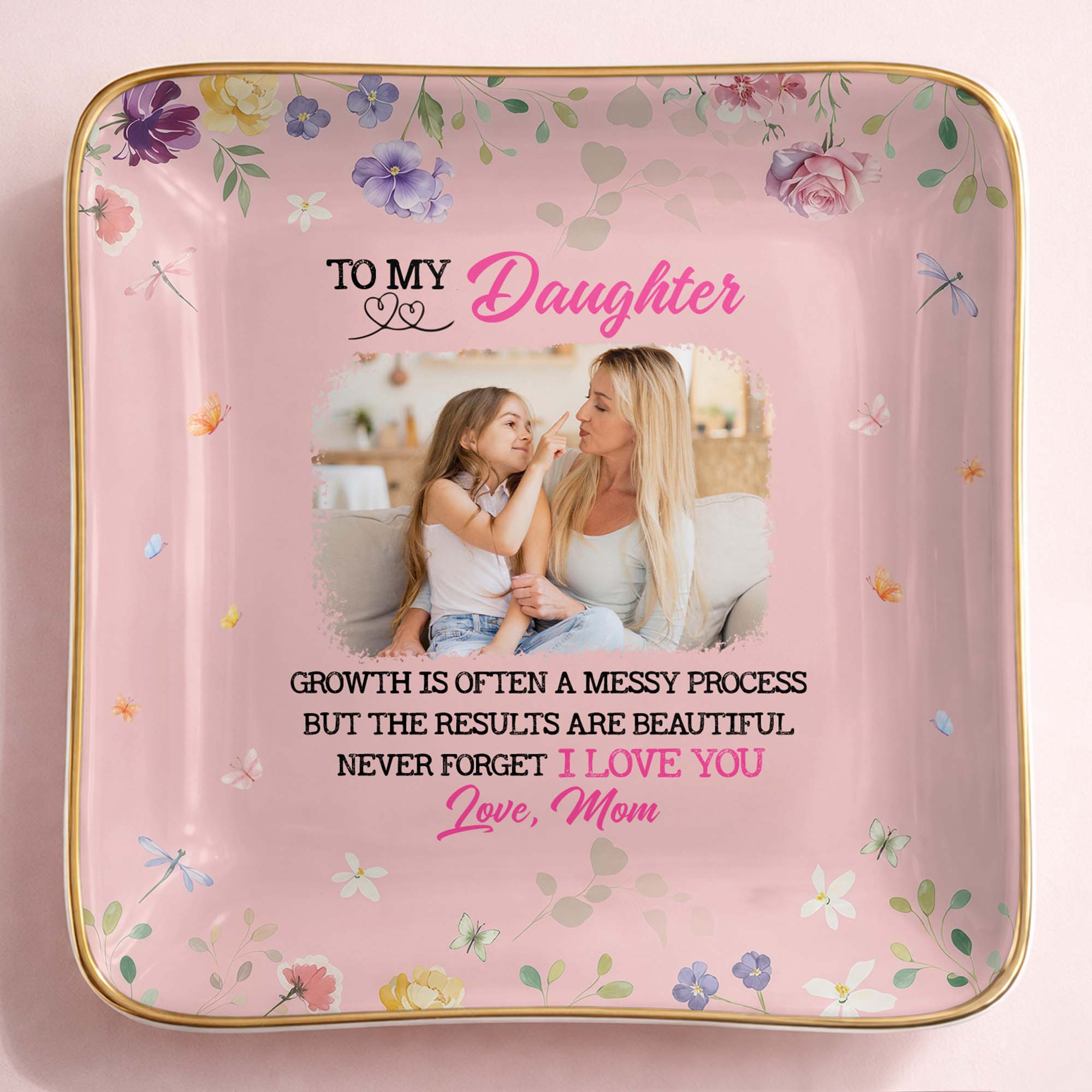 To My Daughter, Growth Is Beautiful, Flowers And Butterflies - Personalized Custom Jewelry Dish, Ceramic Dish, Square Shape - DAU305_SCRF