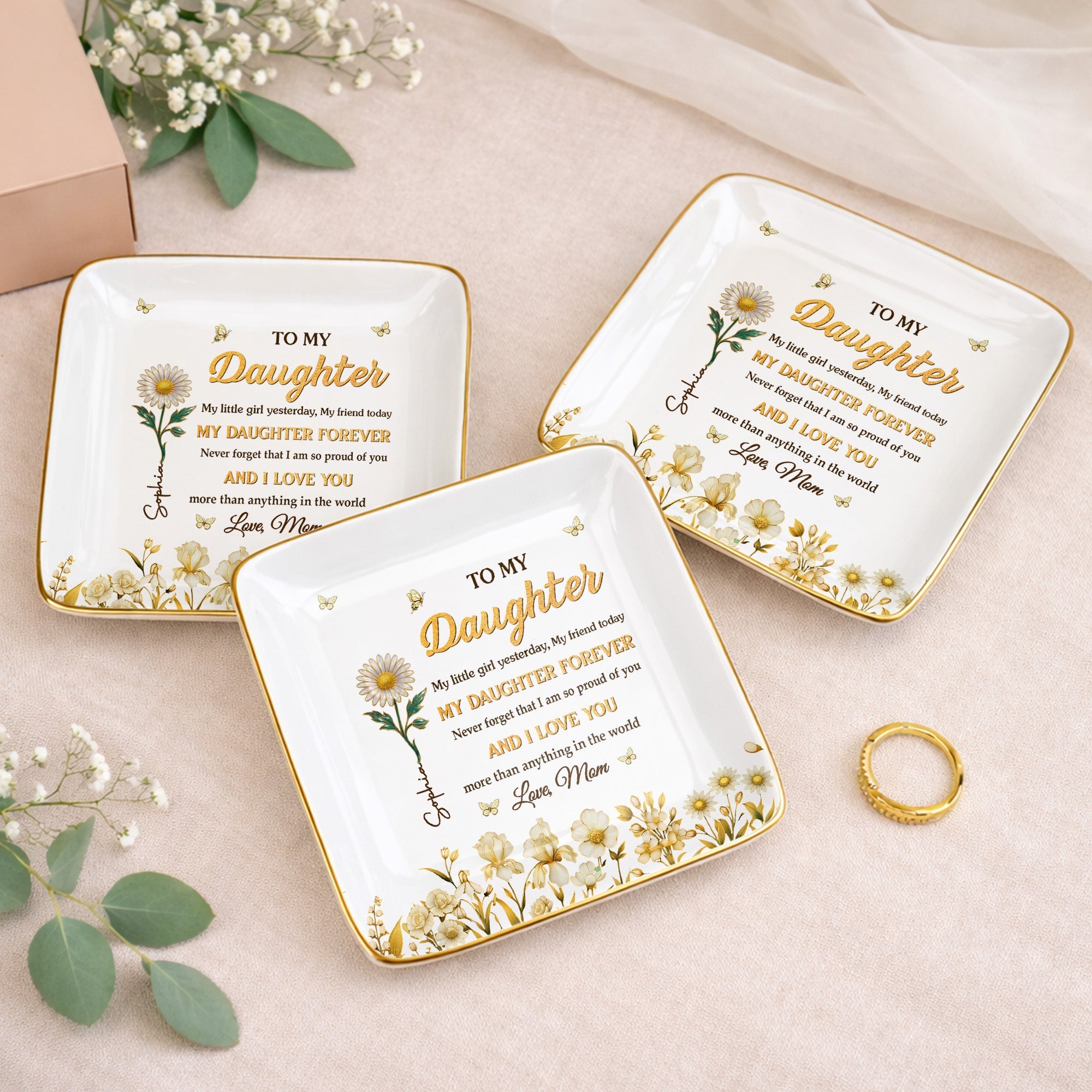 To My Daughter My Little Girl Yesterday Flower And Butterfly Design - Personalized Custom Jewelry Dish, Ceramic Dish, Square Shape - DAU309_SCRF
