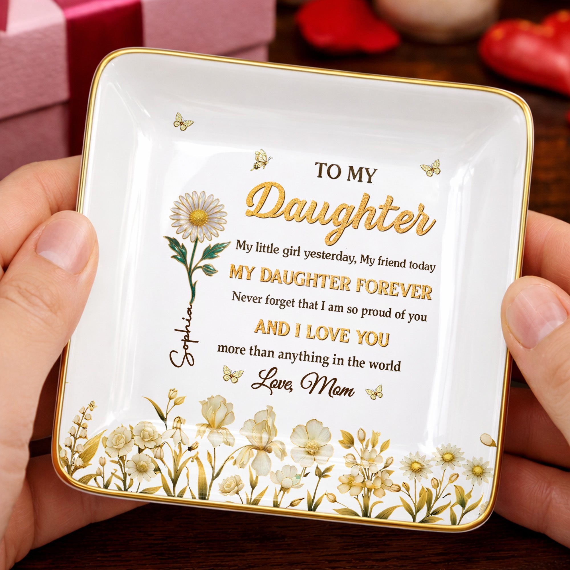 To My Daughter My Little Girl Yesterday Flower And Butterfly Design - Personalized Custom Jewelry Dish, Ceramic Dish, Square Shape - DAU309_SCRF