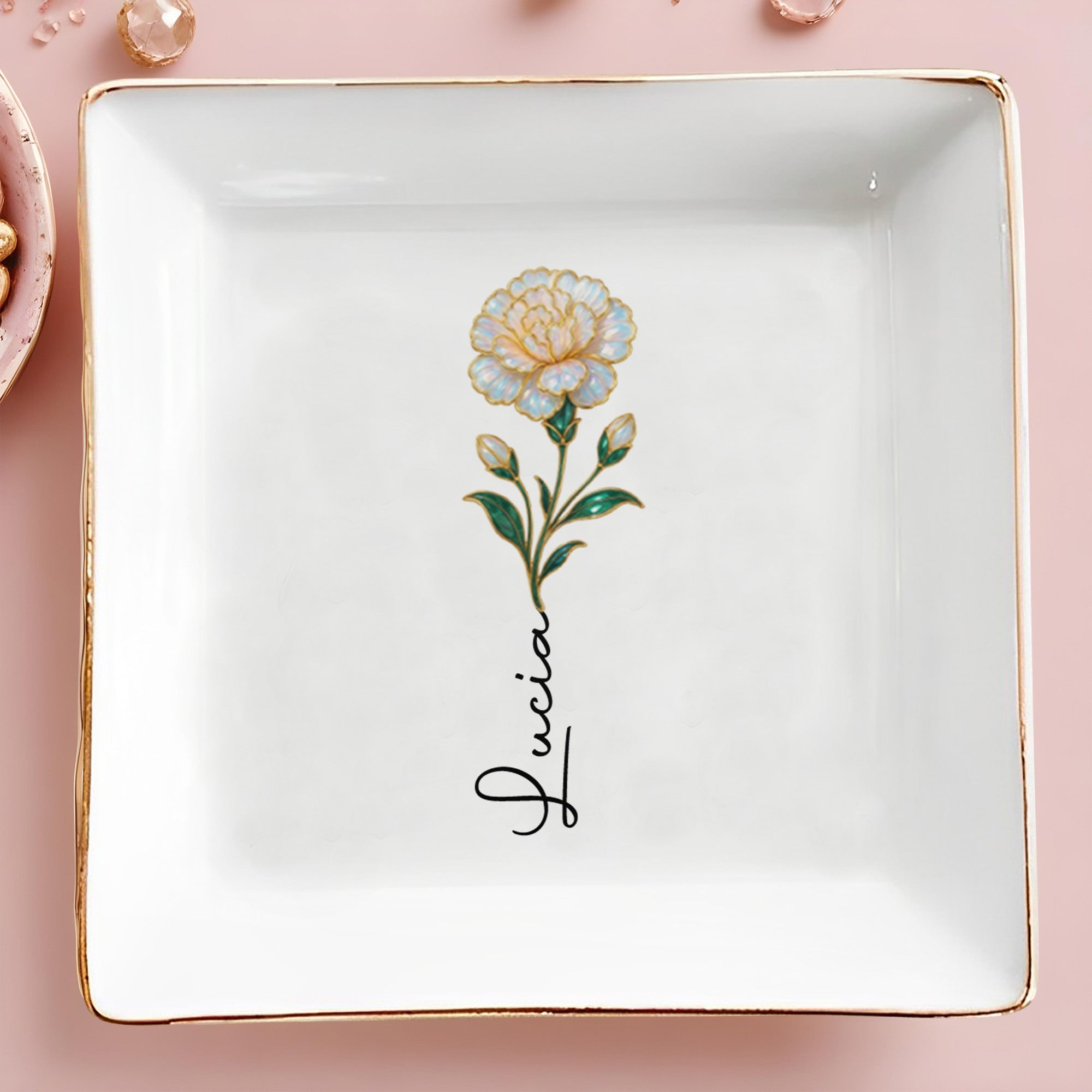 Elegant Square Ceramic Dish With Single Flower Design - Personalized Custom Jewelry Dish, Square Ceramic Dish - DAU310_SCRD