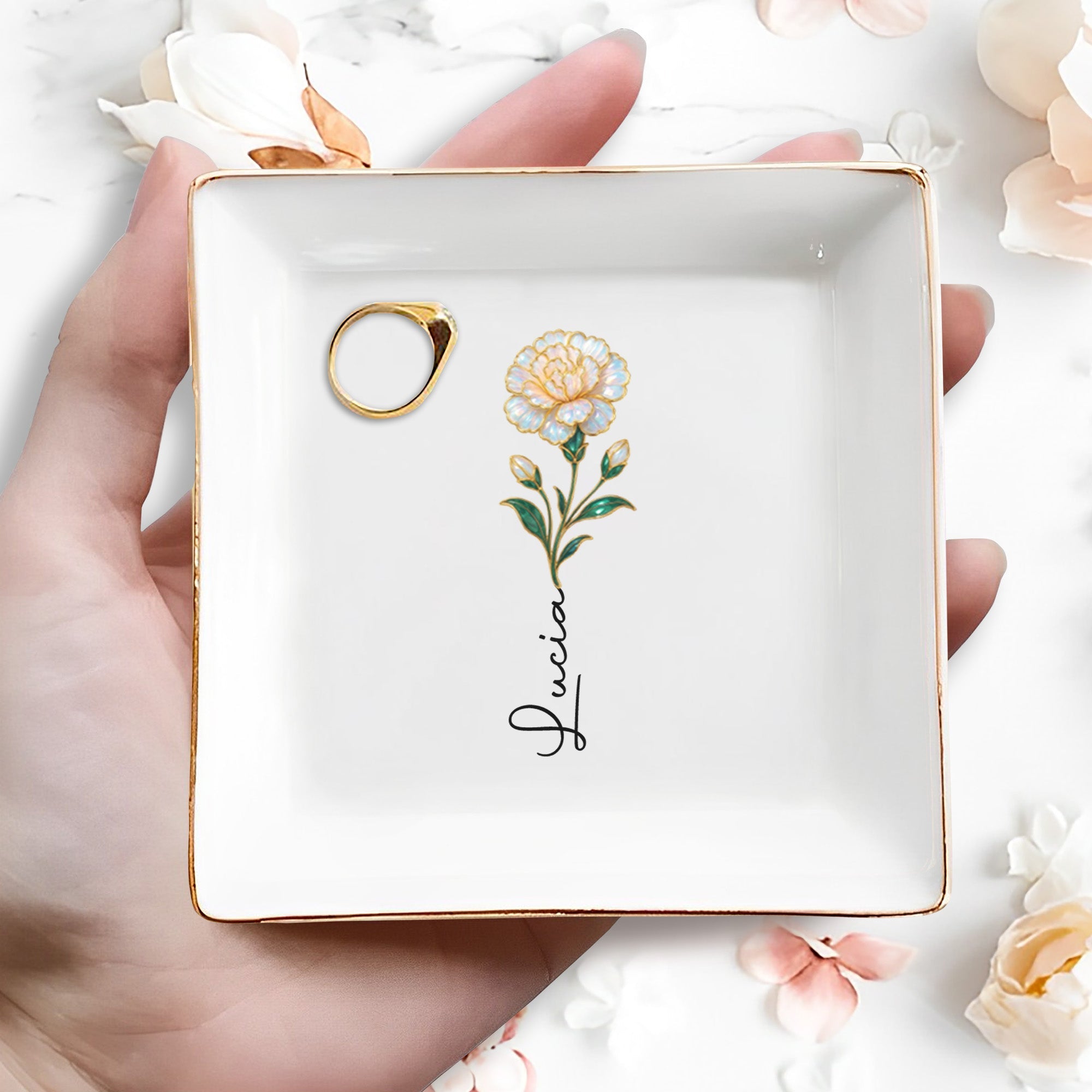 Elegant Square Ceramic Dish With Single Flower Design - Personalized Custom Jewelry Dish, Square Ceramic Dish - DAU310_SCRD