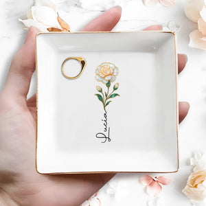 Elegant Square Ceramic Dish With Single Flower Design - Personalized Custom Jewelry Dish, Square Ceramic Dish - DAU310_SCRD