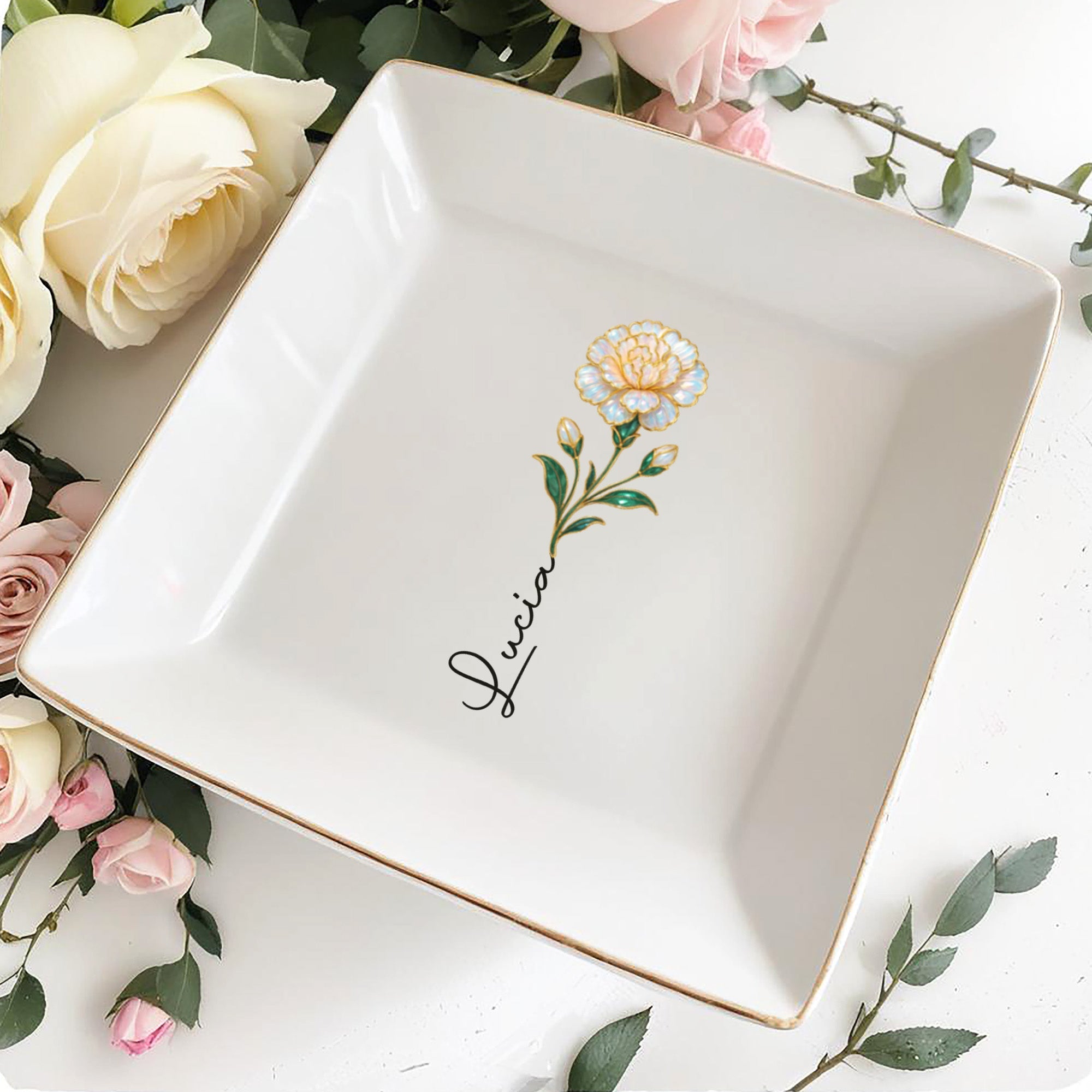 Elegant Square Ceramic Dish With Single Flower Design - Personalized Custom Jewelry Dish, Square Ceramic Dish - DAU310_SCRD