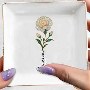 Elegant Square Ceramic Dish With Single Flower Design - Personalized Custom Jewelry Dish, Square Ceramic Dish - DAU310_SCRD