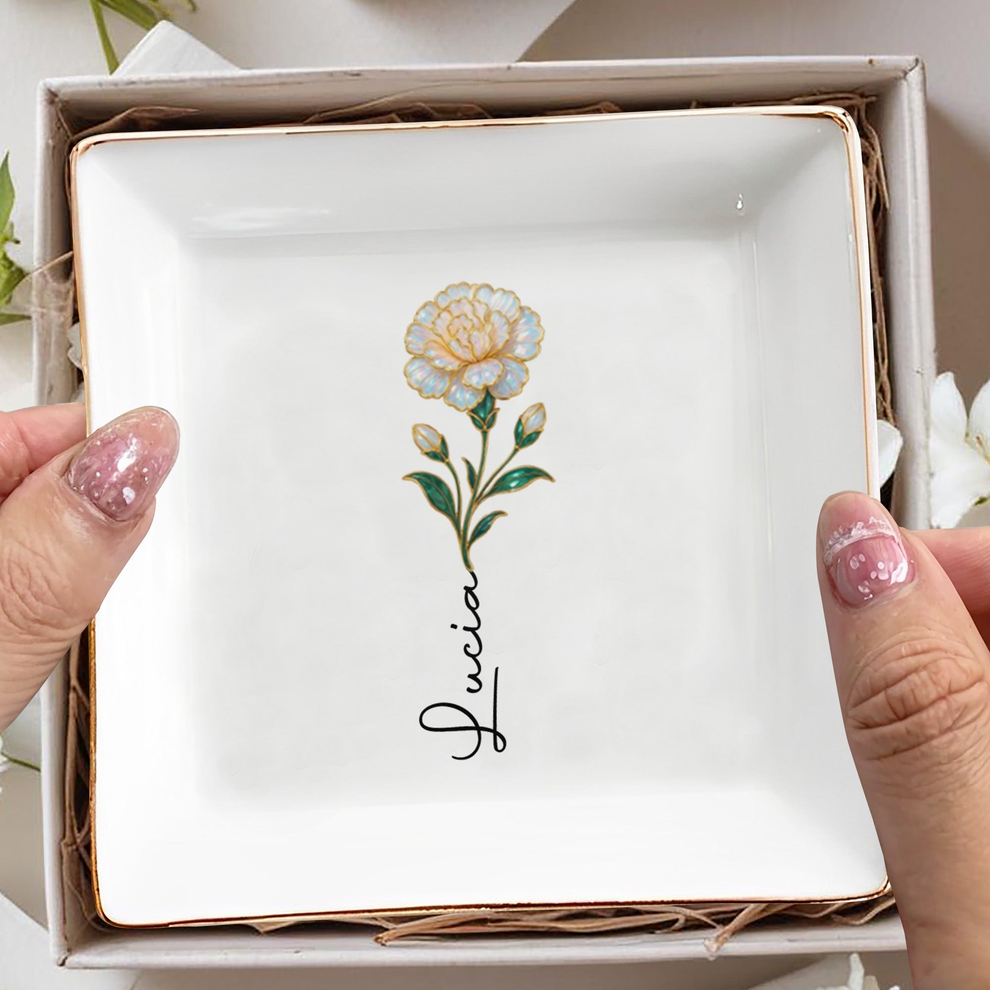 Elegant Square Ceramic Dish With Single Flower Design - Personalized Custom Jewelry Dish, Square Ceramic Dish - DAU310_SCRD