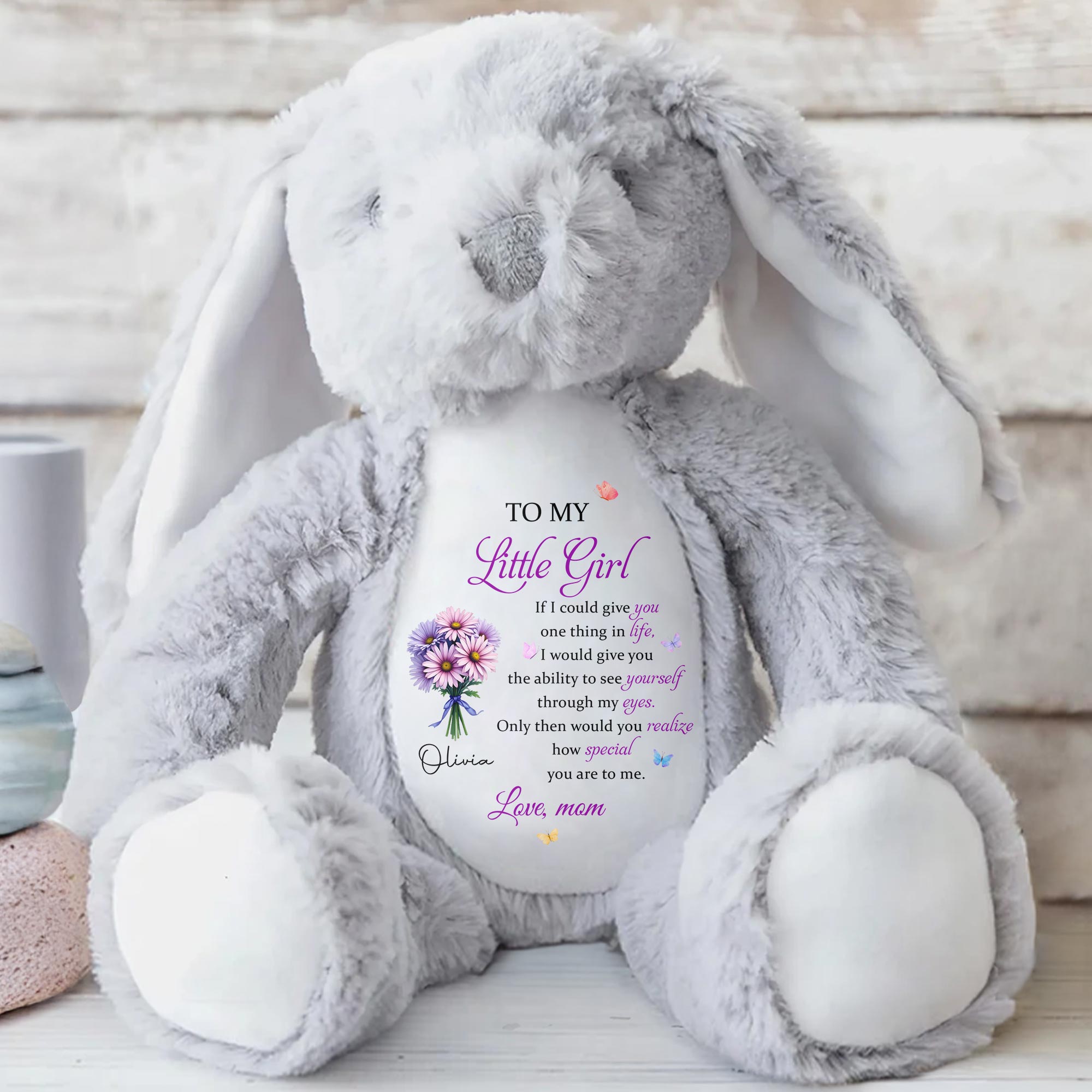 To My Little Girl With Love, Flowers - Personalized Stuffed Bunny - DAU311_BUN