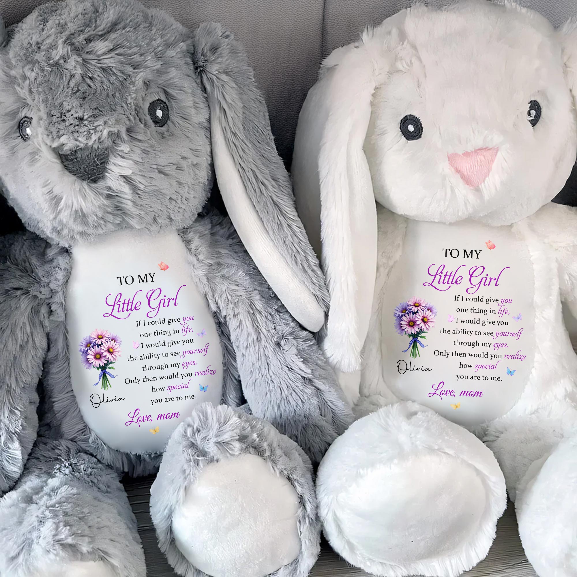 To My Little Girl With Love, Flowers - Personalized Stuffed Bunny - DAU311_BUN