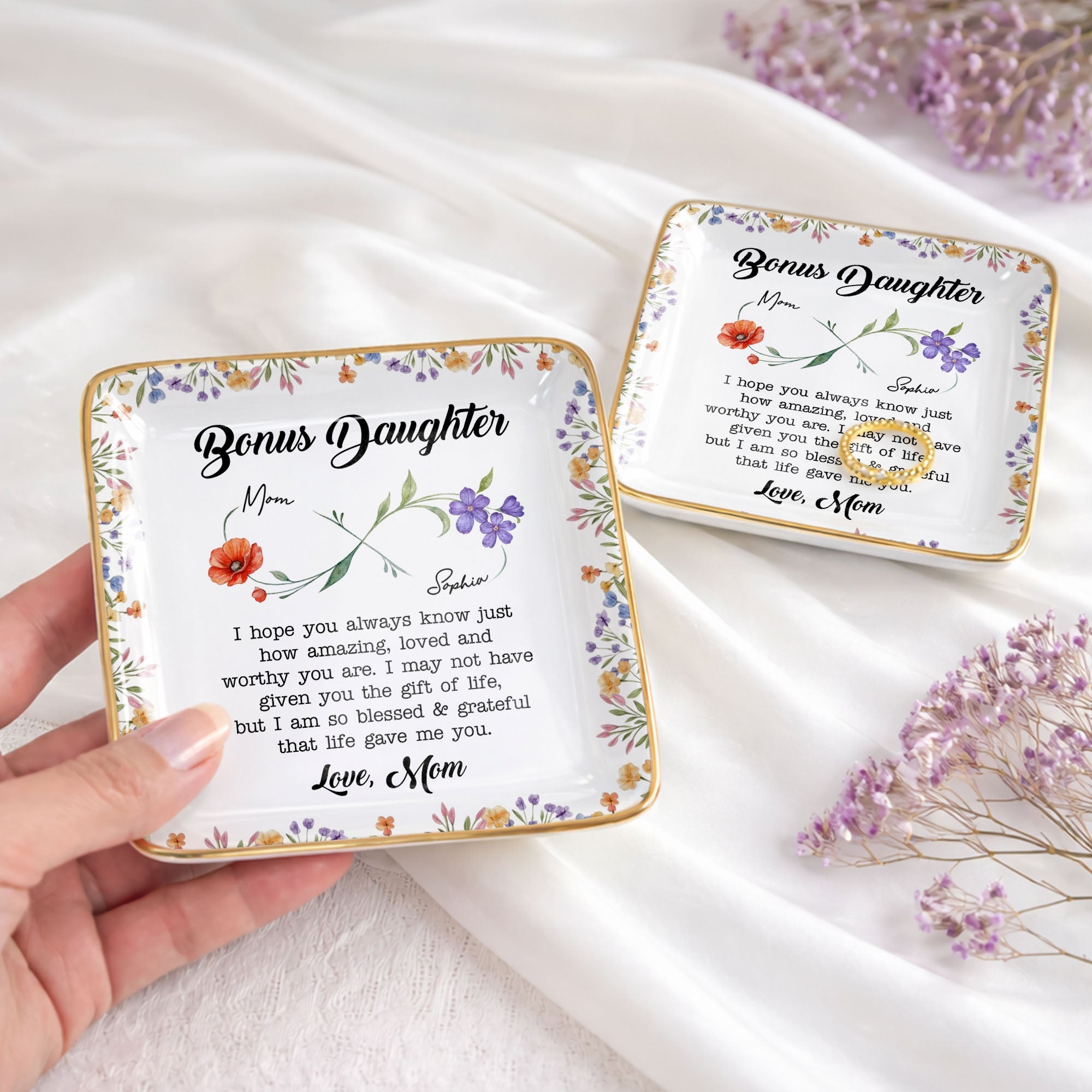 Bonus Daughter I Hope You Always Know Floral Infinity Jewelry Dish - Personalized Custom Jewelry Dish, Ceramic Dish, Square Shape - DAU315_SCRF