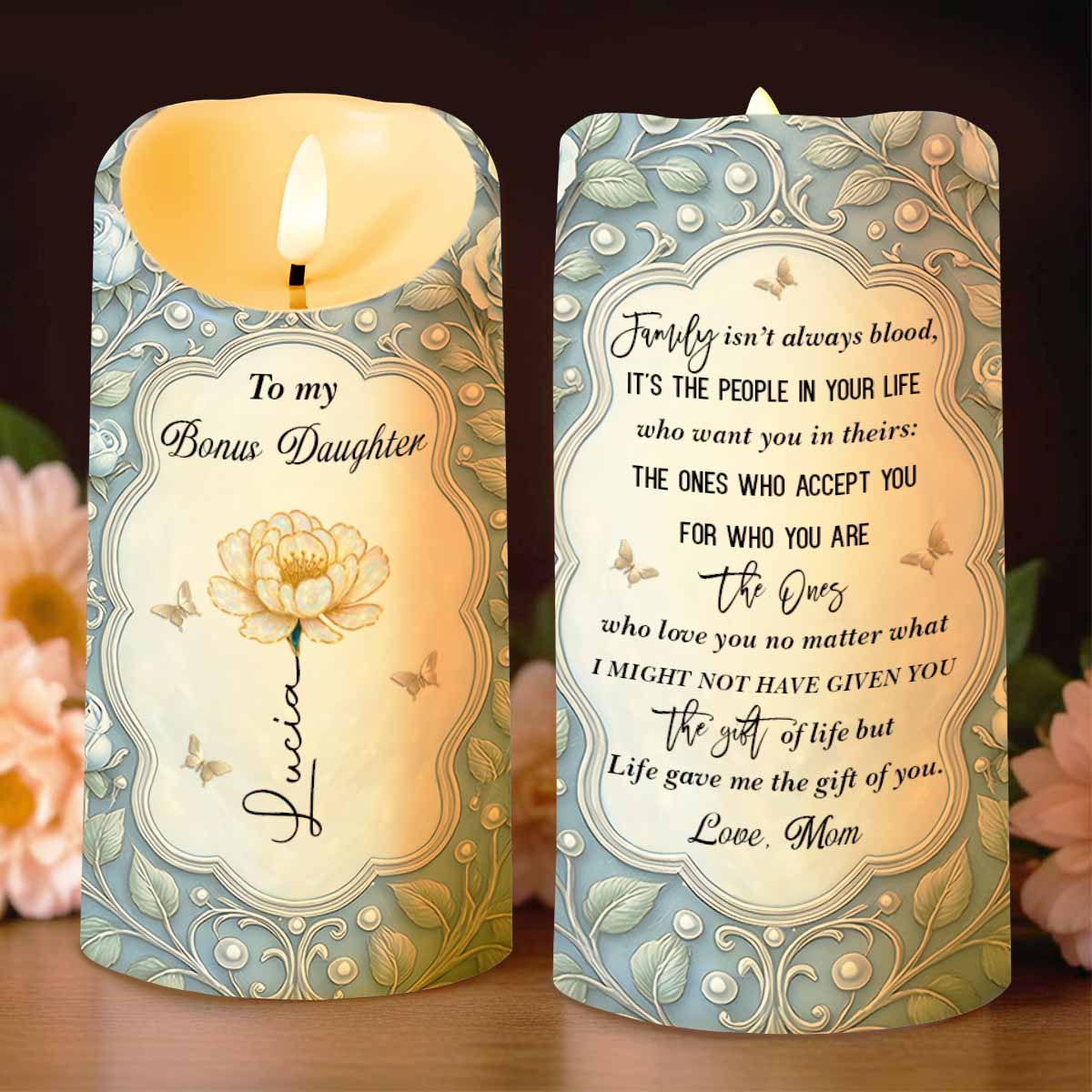 To My Bonus Daughter Love Mom Flower And Butterflies - Personalized Custom LED Candle - DAU316_LECA
