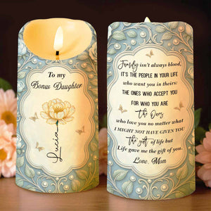 To My Bonus Daughter Love Mom Flower And Butterflies - Personalized Custom LED Candle - DAU316_LECA