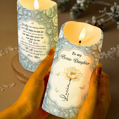 To My Bonus Daughter Love Mom Flower And Butterflies - Personalized Custom LED Candle - DAU316_LECA