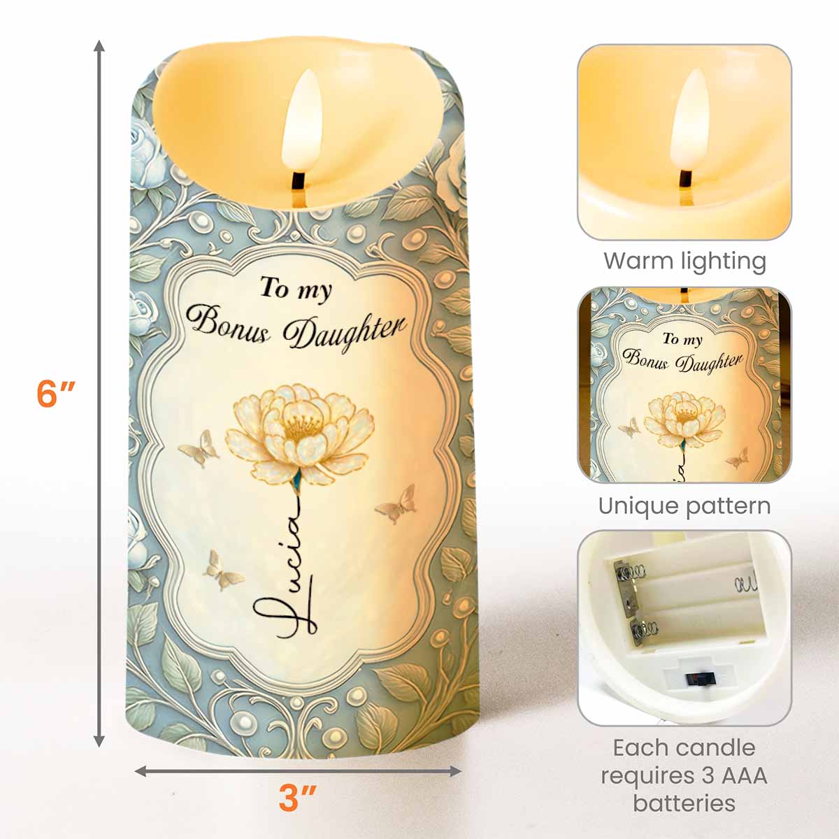 To My Bonus Daughter Love Mom Flower And Butterflies - Personalized Custom LED Candle - DAU316_LECA