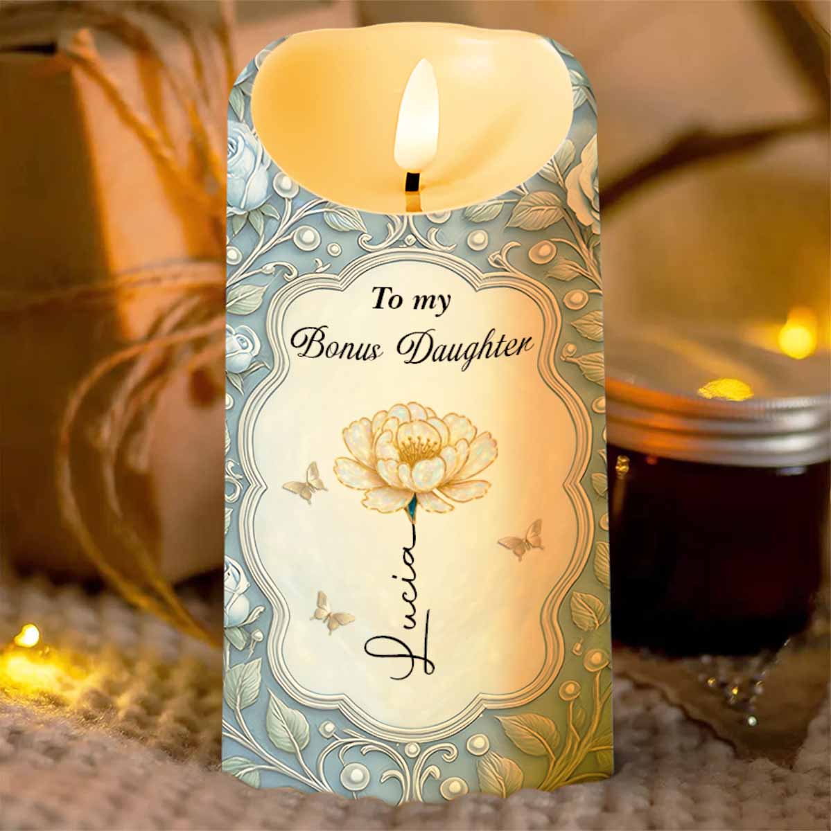 To My Bonus Daughter Love Mom Flower And Butterflies - Personalized Custom LED Candle - DAU316_LECA