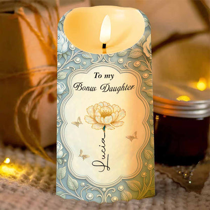 To My Bonus Daughter Love Mom Flower And Butterflies - Personalized Custom LED Candle - DAU316_LECA