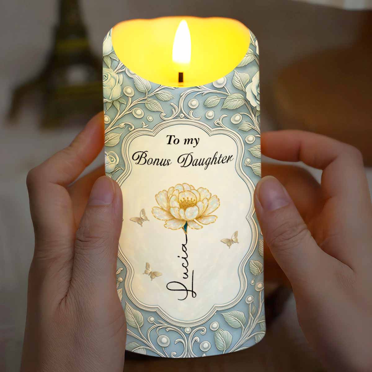To My Bonus Daughter Love Mom Flower And Butterflies - Personalized Custom LED Candle - DAU316_LECA