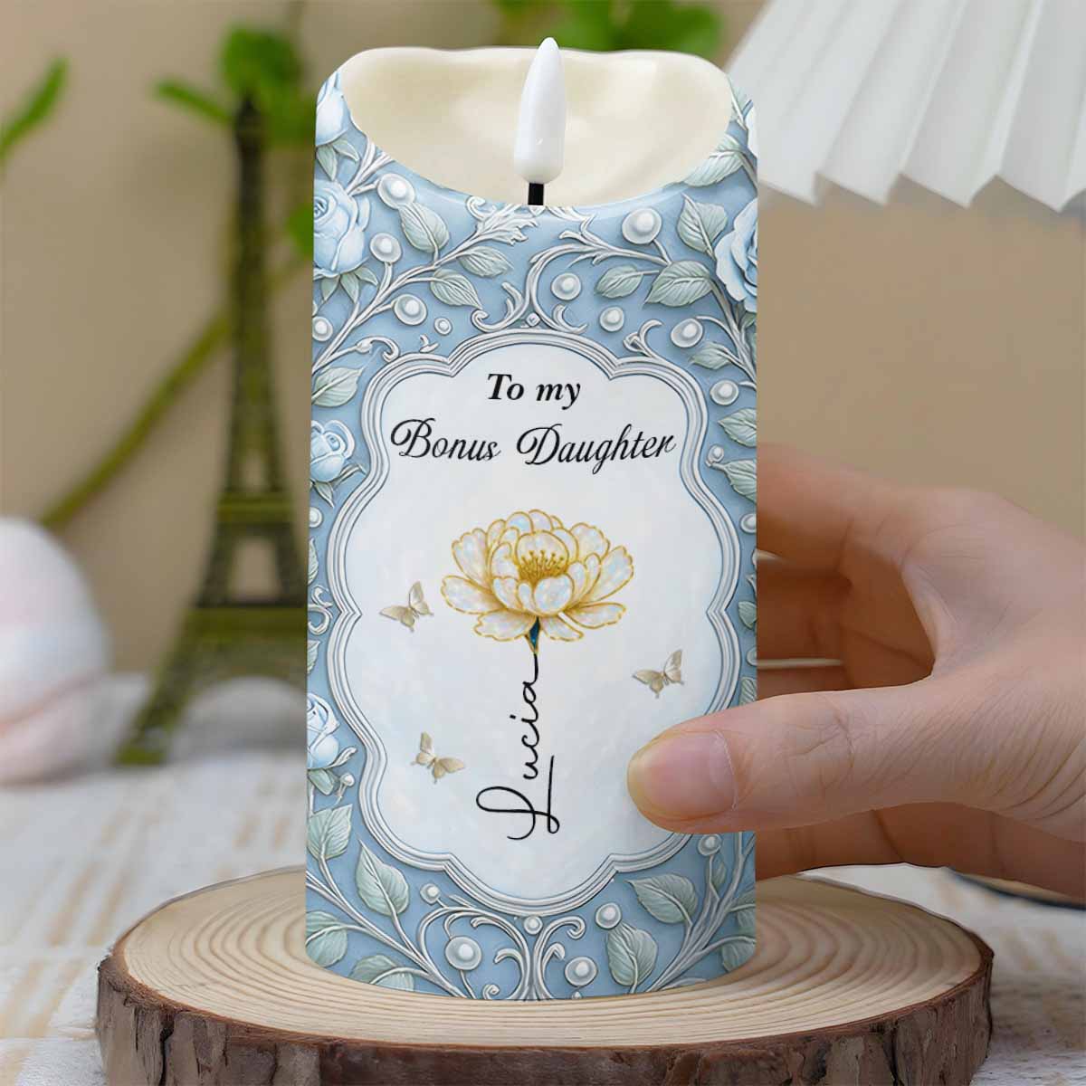 To My Bonus Daughter Love Mom Flower And Butterflies - Personalized Custom LED Candle - DAU316_LECA