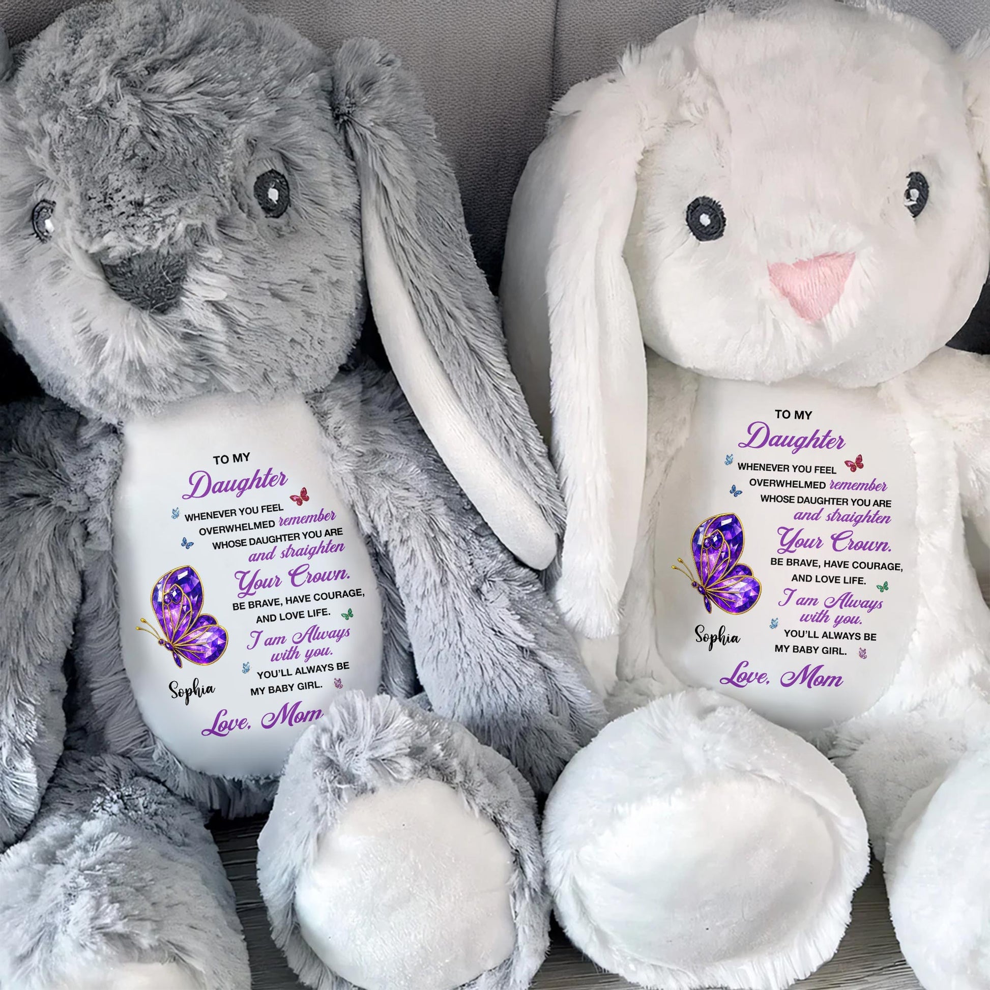 To My Daughter, Straighten Your Crown Butterfly - Personalized Stuffed Bunny - DAU317_BUN