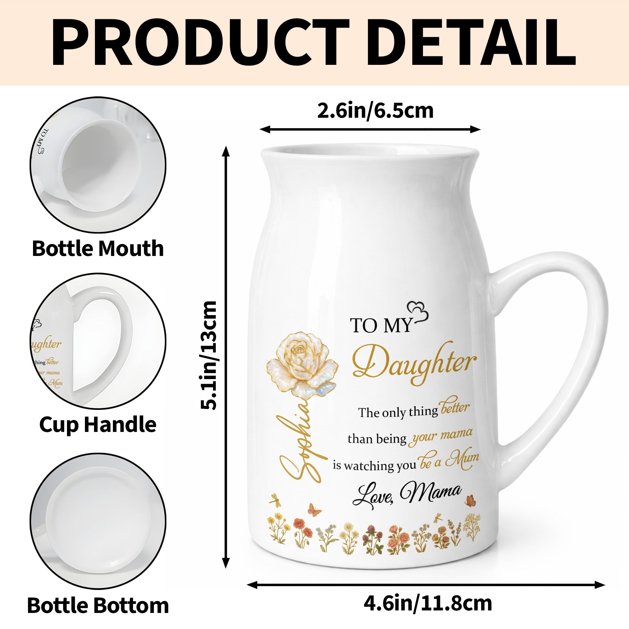 To My Daughter Love From Mom Beautiful Flower Design - Personalized Ceramic Flower Vase