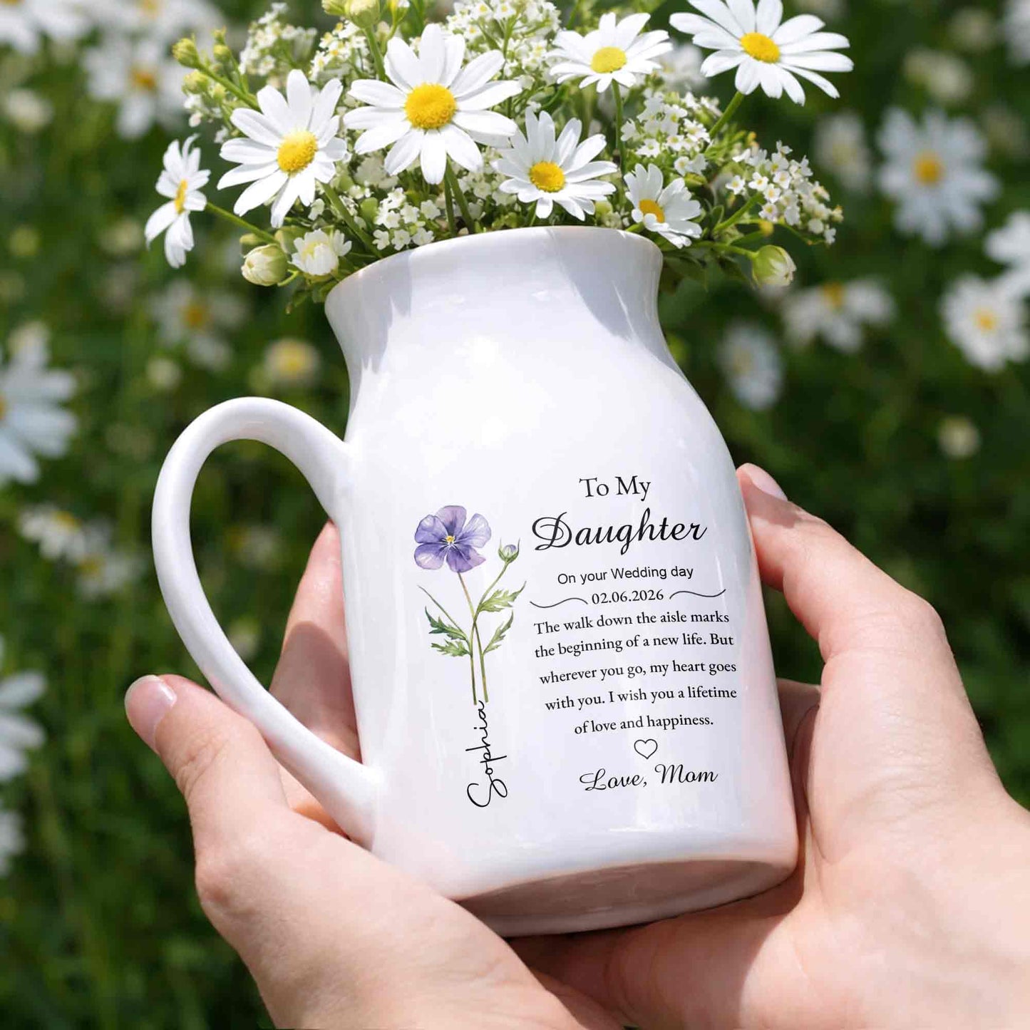 To My Daughter On Your Wedding Day Flower Heart Ceramic Pitcher - Personalized Ceramic Flower Vase