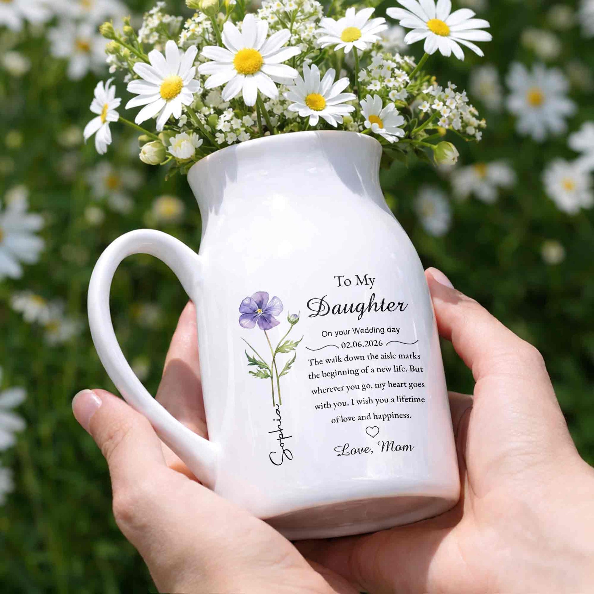 To My Daughter On Your Wedding Day Flower Heart Ceramic Pitcher - Personalized Ceramic Flower Vase