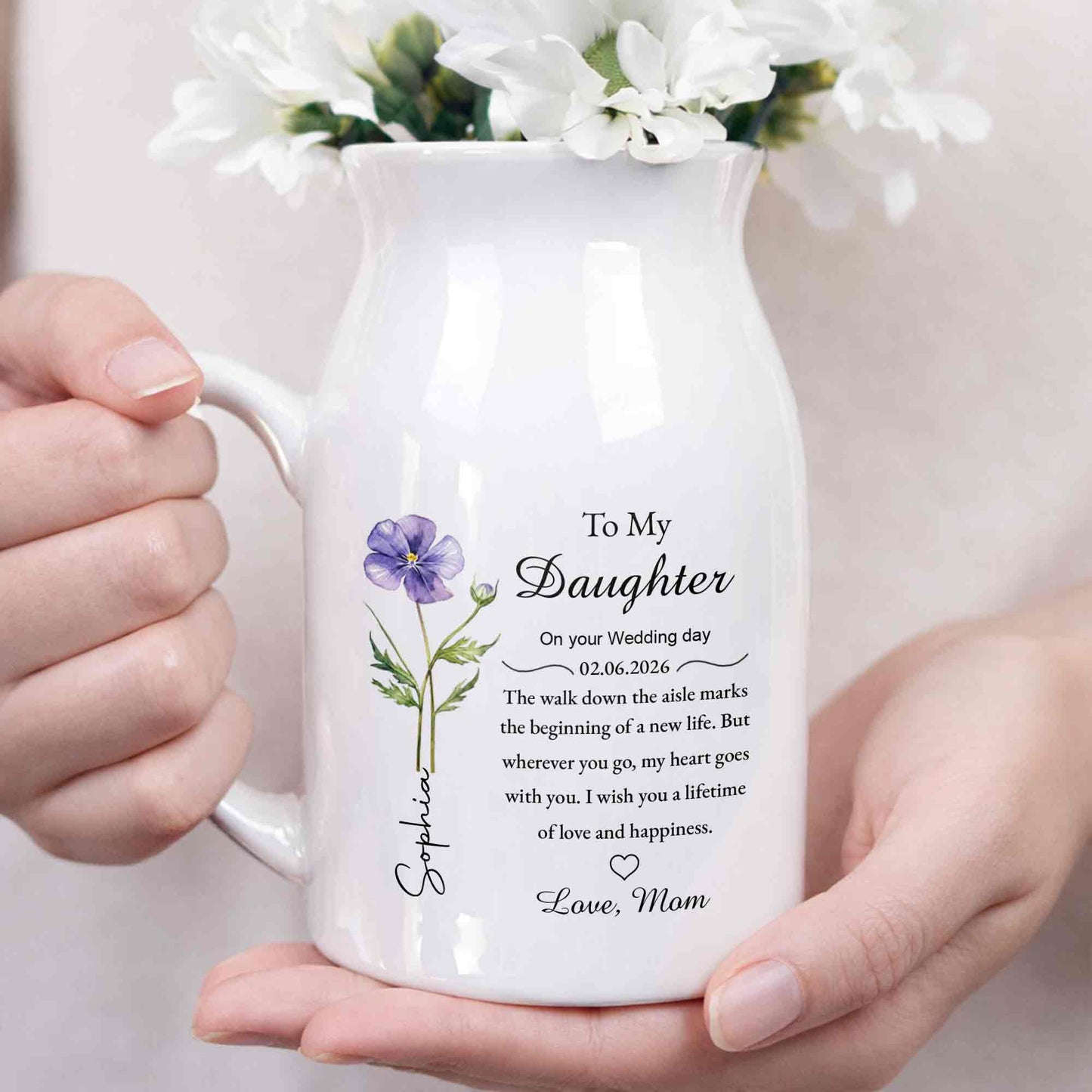 To My Daughter On Your Wedding Day Flower Heart Ceramic Pitcher - Personalized Ceramic Flower Vase