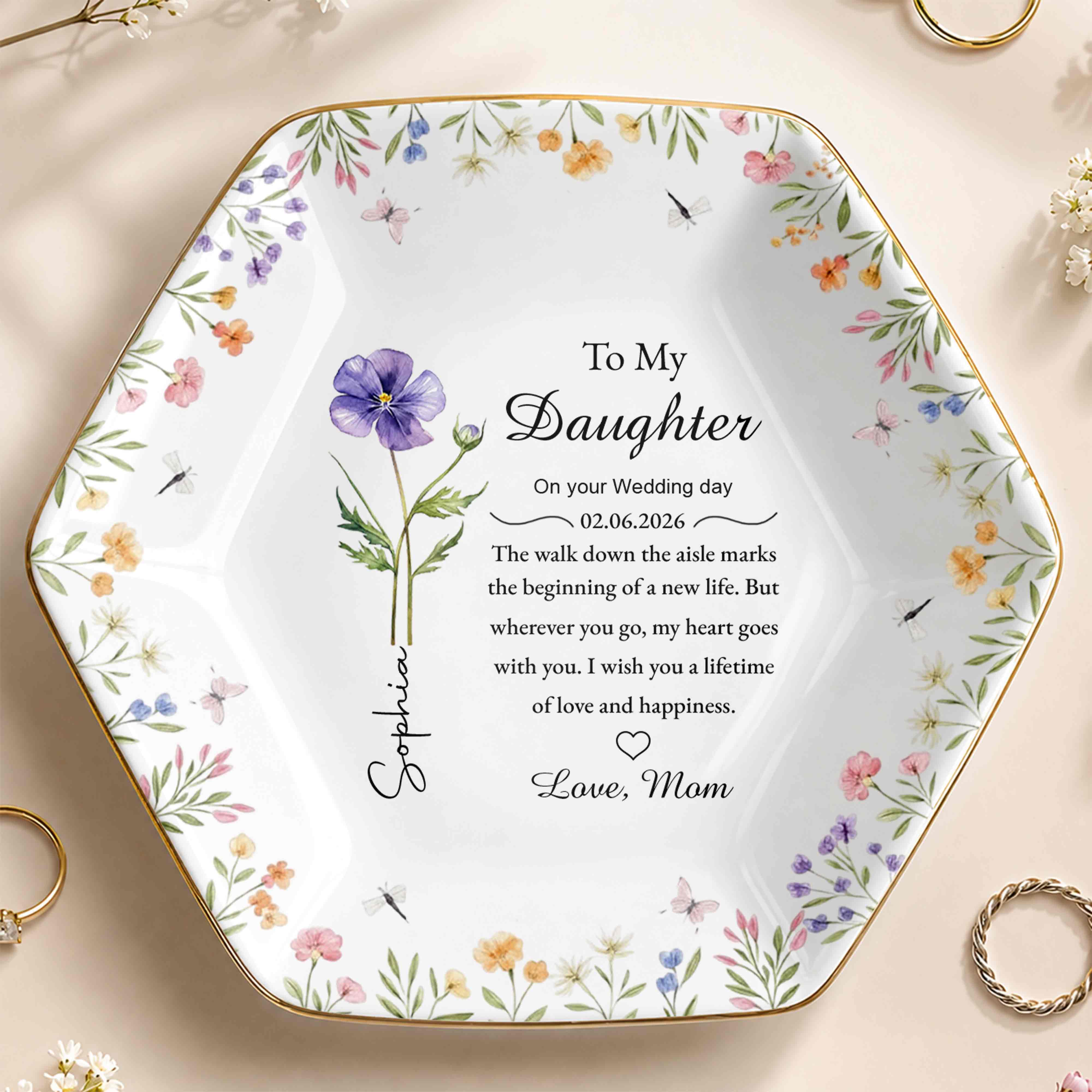 To My Daughter On Your Wedding Day With Birth Month Flowers - Personalized Custom Jewelry Dish, Ceramic Dish, Hexagonal Shape - DAU322_HECRD