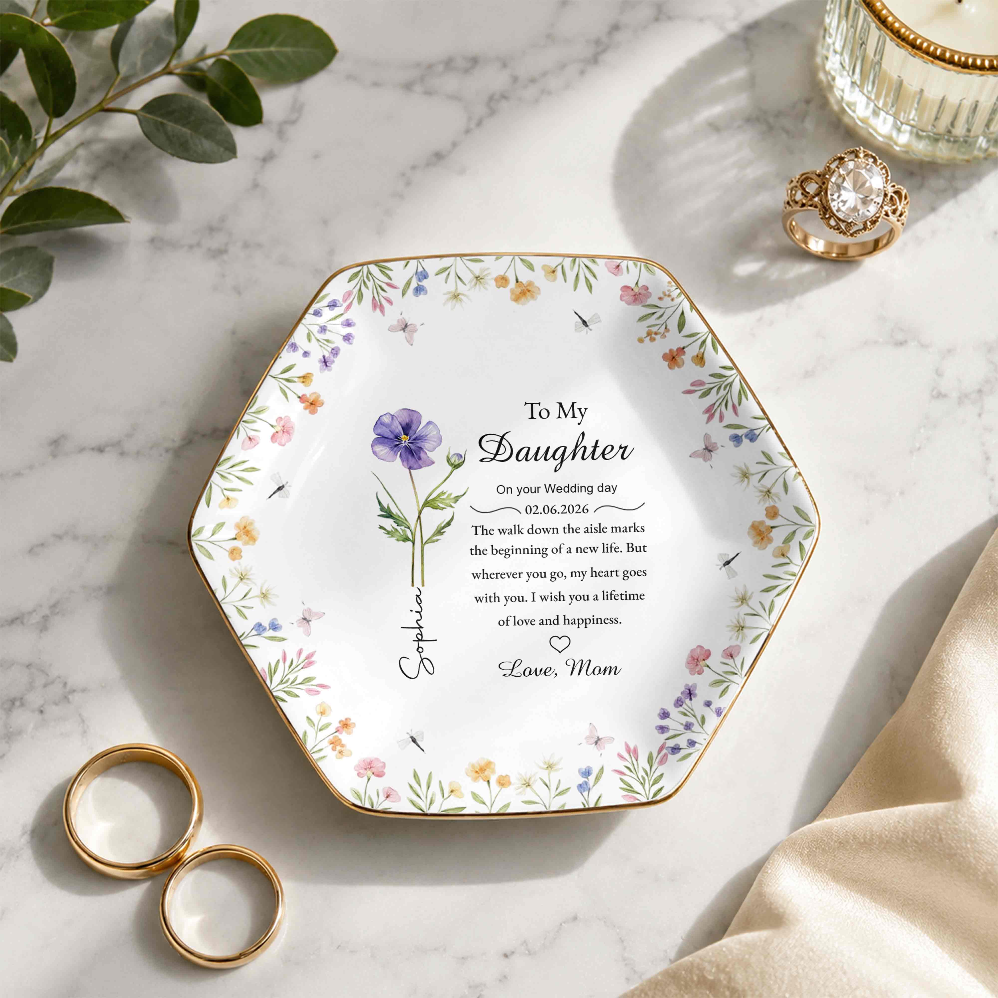 To My Daughter On Your Wedding Day With Birth Month Flowers - Personalized Custom Jewelry Dish, Ceramic Dish, Hexagonal Shape - DAU322_HECRD