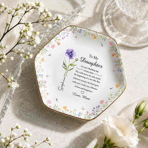 To My Daughter On Your Wedding Day With Birth Month Flowers - Personalized Custom Jewelry Dish, Ceramic Dish, Hexagonal Shape - DAU322_HECRD