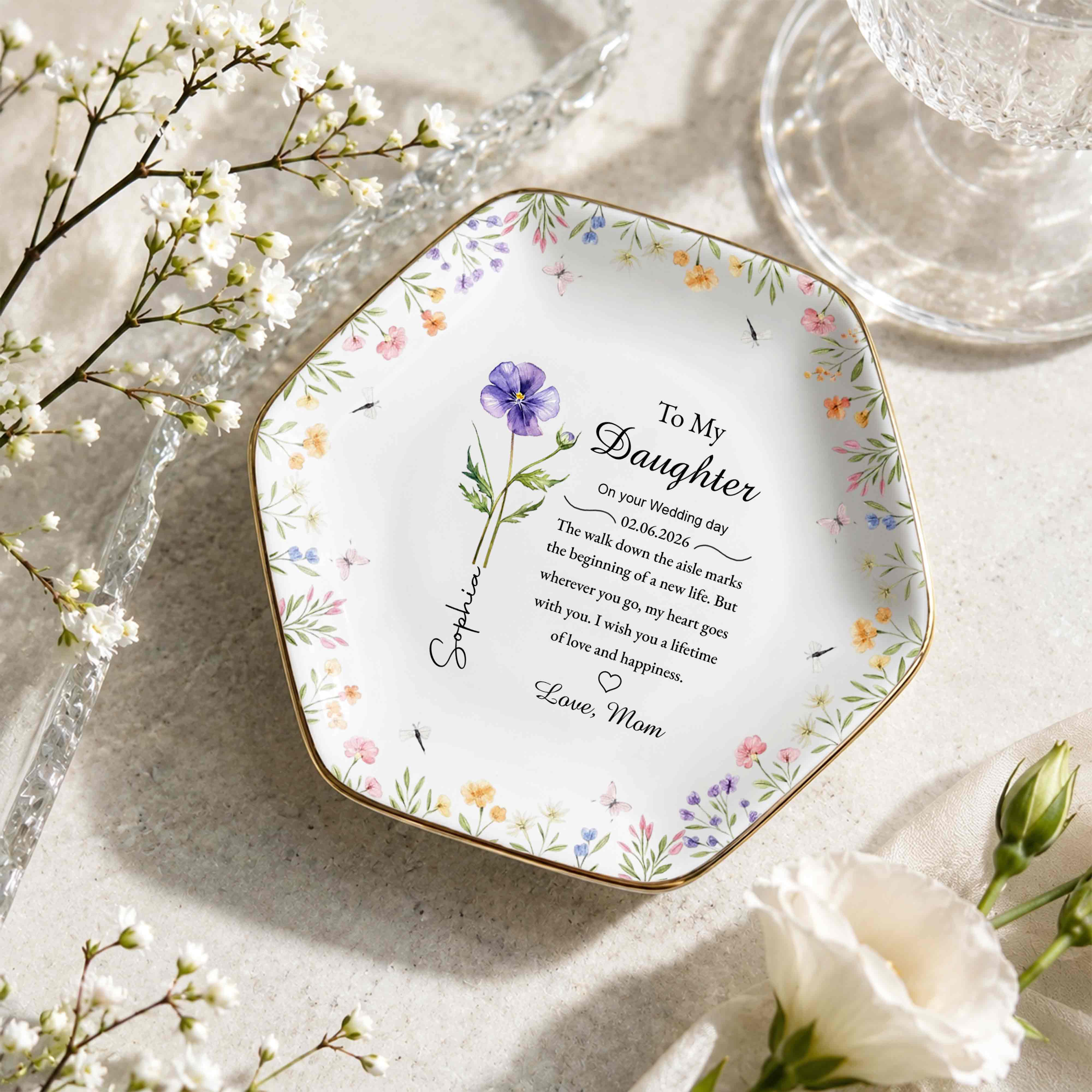 To My Daughter On Your Wedding Day With Birth Month Flowers - Personalized Custom Jewelry Dish, Ceramic Dish, Hexagonal Shape - DAU322_HECRD