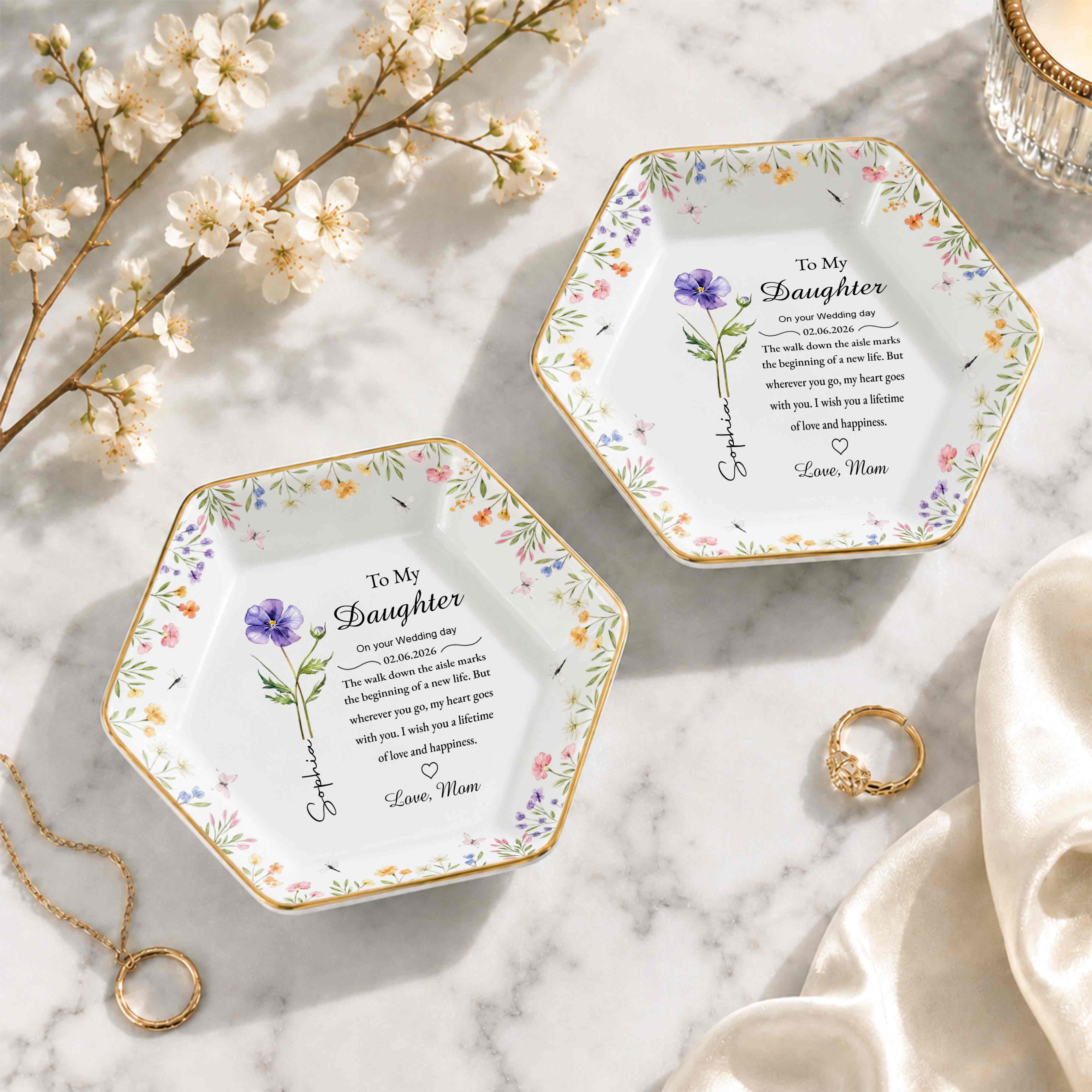 To My Daughter On Your Wedding Day With Birth Month Flowers - Personalized Custom Jewelry Dish, Ceramic Dish, Hexagonal Shape - DAU322_HECRD