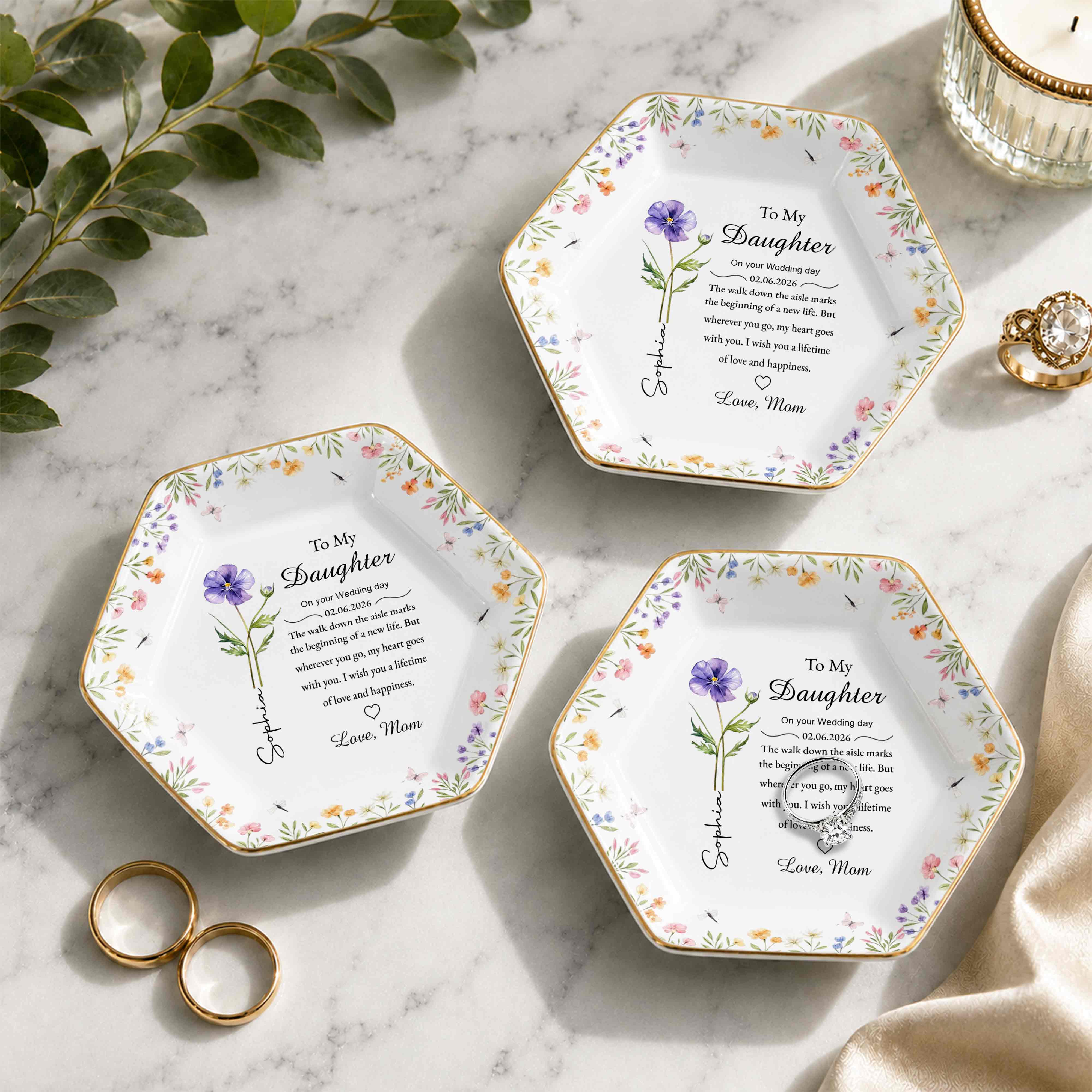To My Daughter On Your Wedding Day With Birth Month Flowers - Personalized Custom Jewelry Dish, Ceramic Dish, Hexagonal Shape - DAU322_HECRD