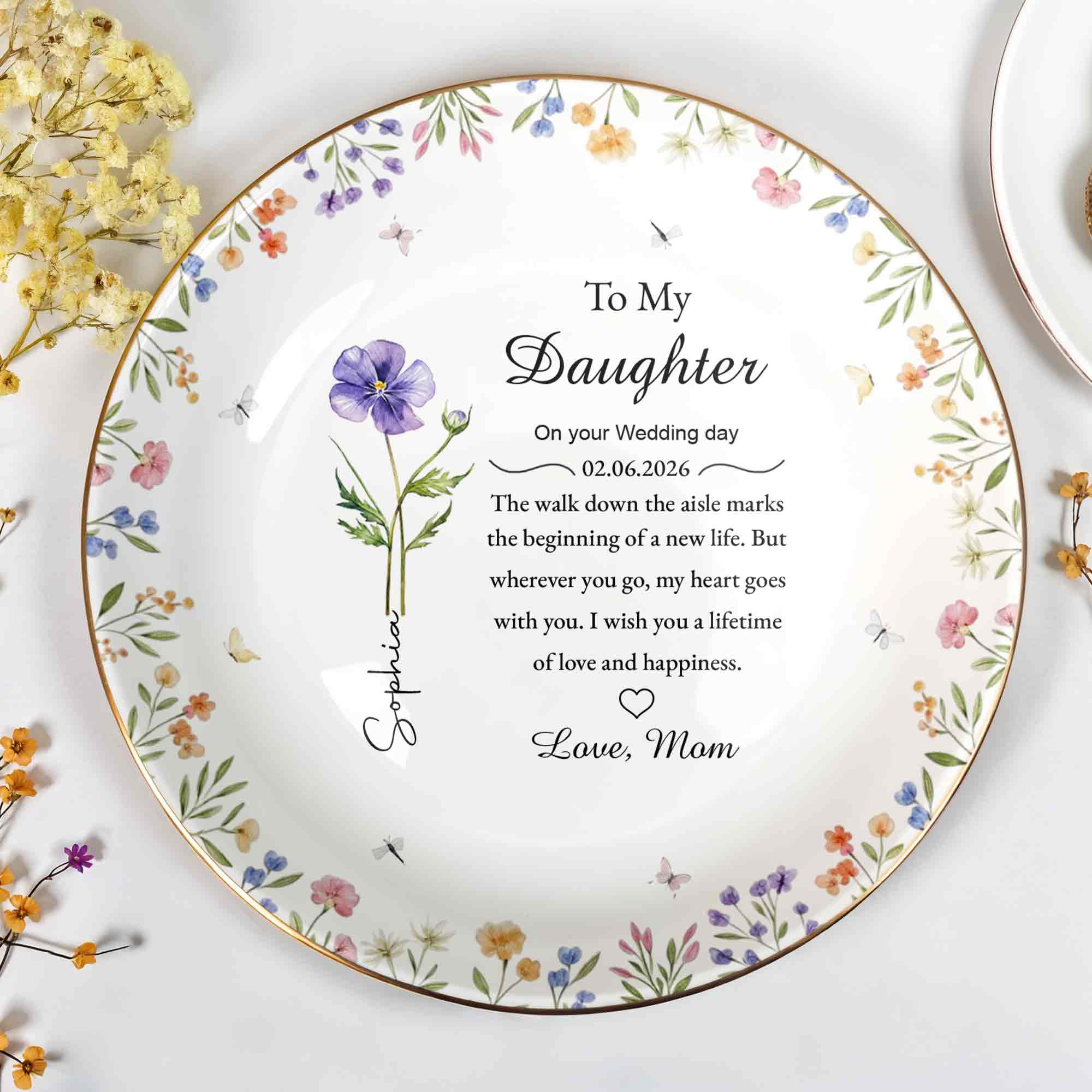 To My Daughter On Your Wedding Day With Purple Flower And Wildflowers - Personalized Custom Jewelry Dish, Ceramic Dish, Round Shape - DAU322_RCRF
