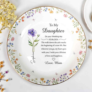 To My Daughter On Your Wedding Day With Purple Flower And Wildflowers - Personalized Custom Jewelry Dish, Ceramic Dish, Round Shape - DAU322_RCRF