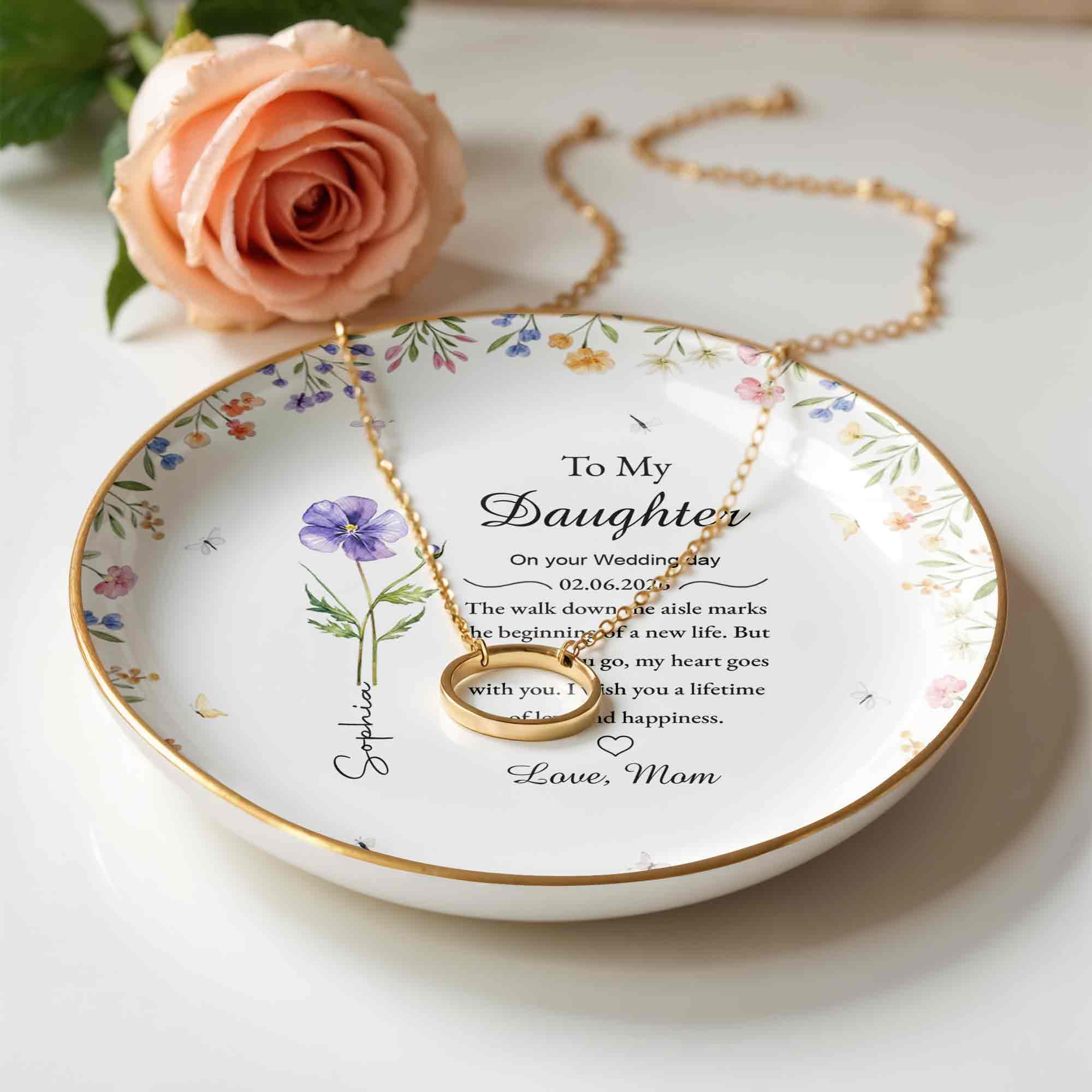 To My Daughter On Your Wedding Day With Purple Flower And Wildflowers - Personalized Custom Jewelry Dish, Ceramic Dish, Round Shape - DAU322_RCRF