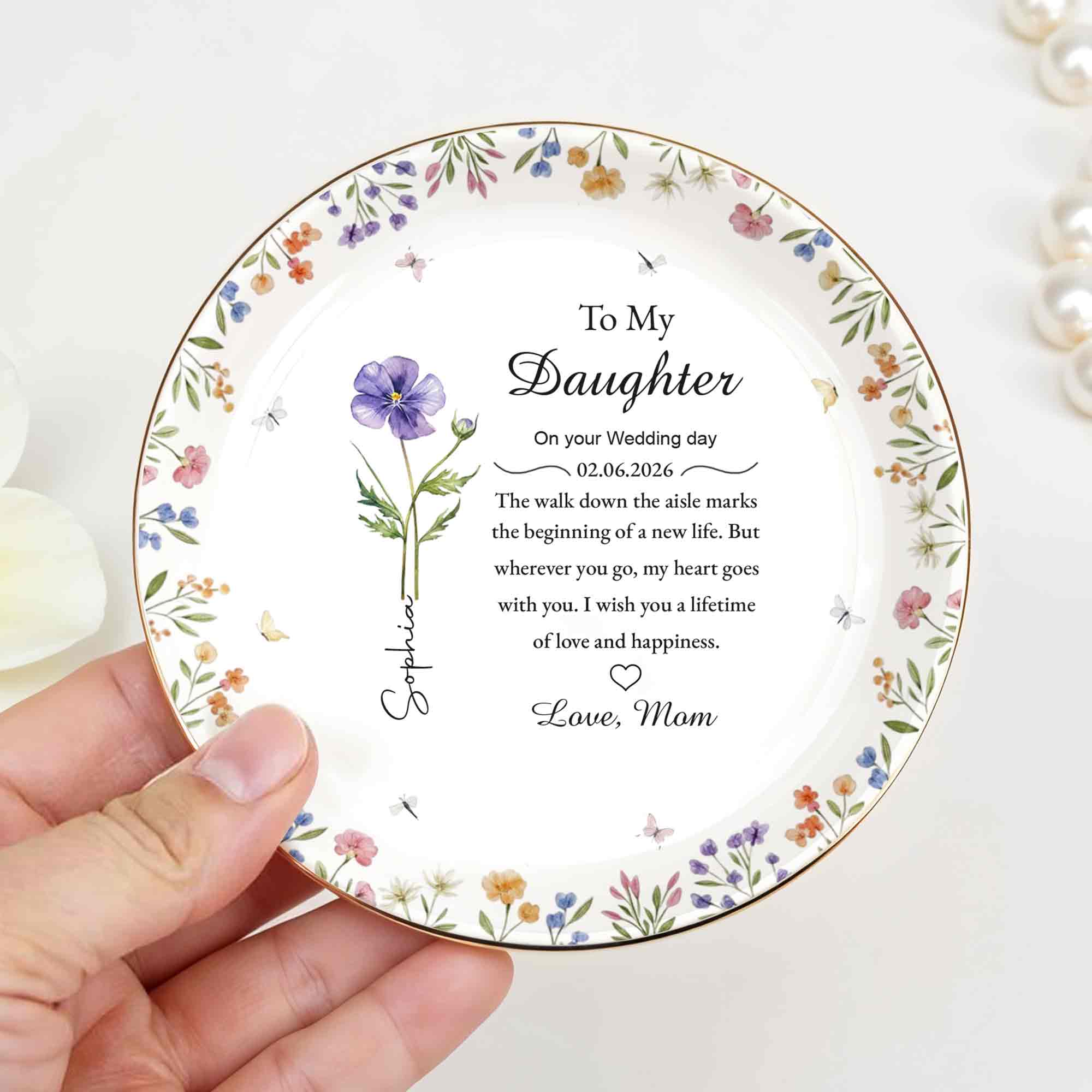 To My Daughter On Your Wedding Day With Purple Flower And Wildflowers - Personalized Custom Jewelry Dish, Ceramic Dish, Round Shape - DAU322_RCRF