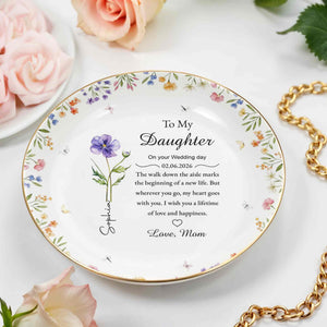 To My Daughter On Your Wedding Day With Purple Flower And Wildflowers - Personalized Custom Jewelry Dish, Ceramic Dish, Round Shape - DAU322_RCRF