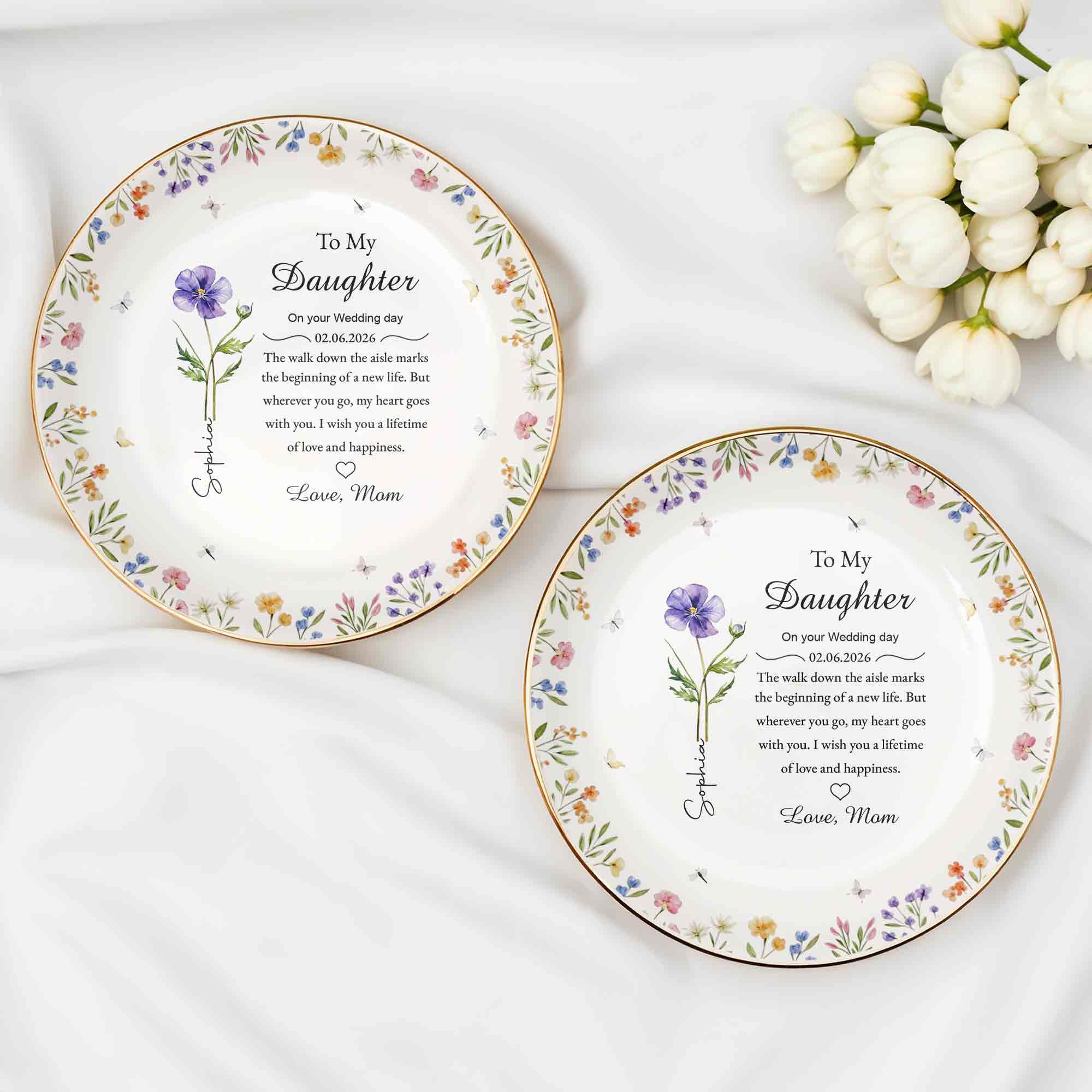 To My Daughter On Your Wedding Day With Purple Flower And Wildflowers - Personalized Custom Jewelry Dish, Ceramic Dish, Round Shape - DAU322_RCRF