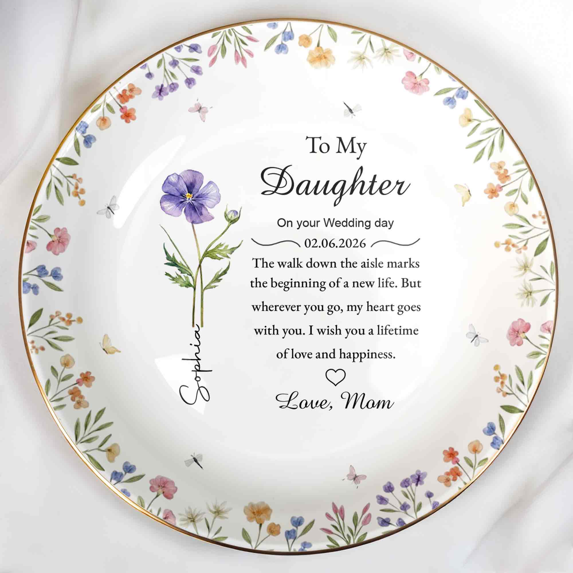 To My Daughter On Your Wedding Day With Purple Flower And Wildflowers - Personalized Custom Jewelry Dish, Ceramic Dish, Round Shape - DAU322_RCRF