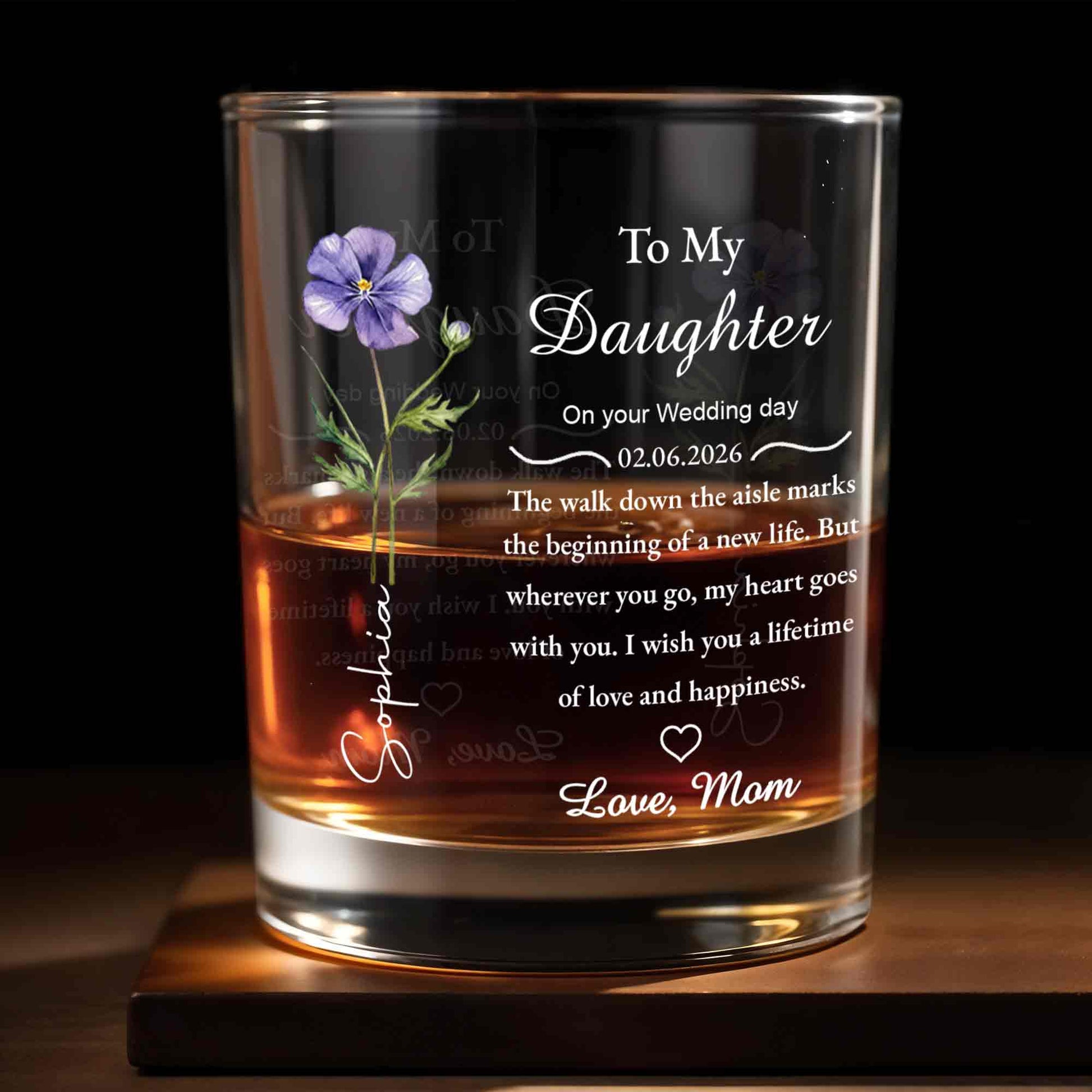 To My Daughter On Your Wedding Day Flower Heart - Personalized Custom Whiskey Glass - DAU322_RWG