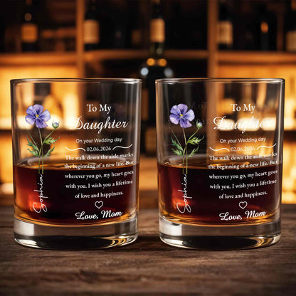 To My Daughter On Your Wedding Day Flower Heart - Personalized Custom Whiskey Glass - DAU322_RWG