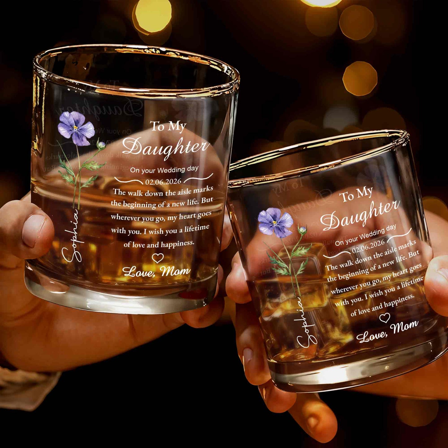 To My Daughter On Your Wedding Day Flower Heart - Personalized Custom Whiskey Glass - DAU322_RWG