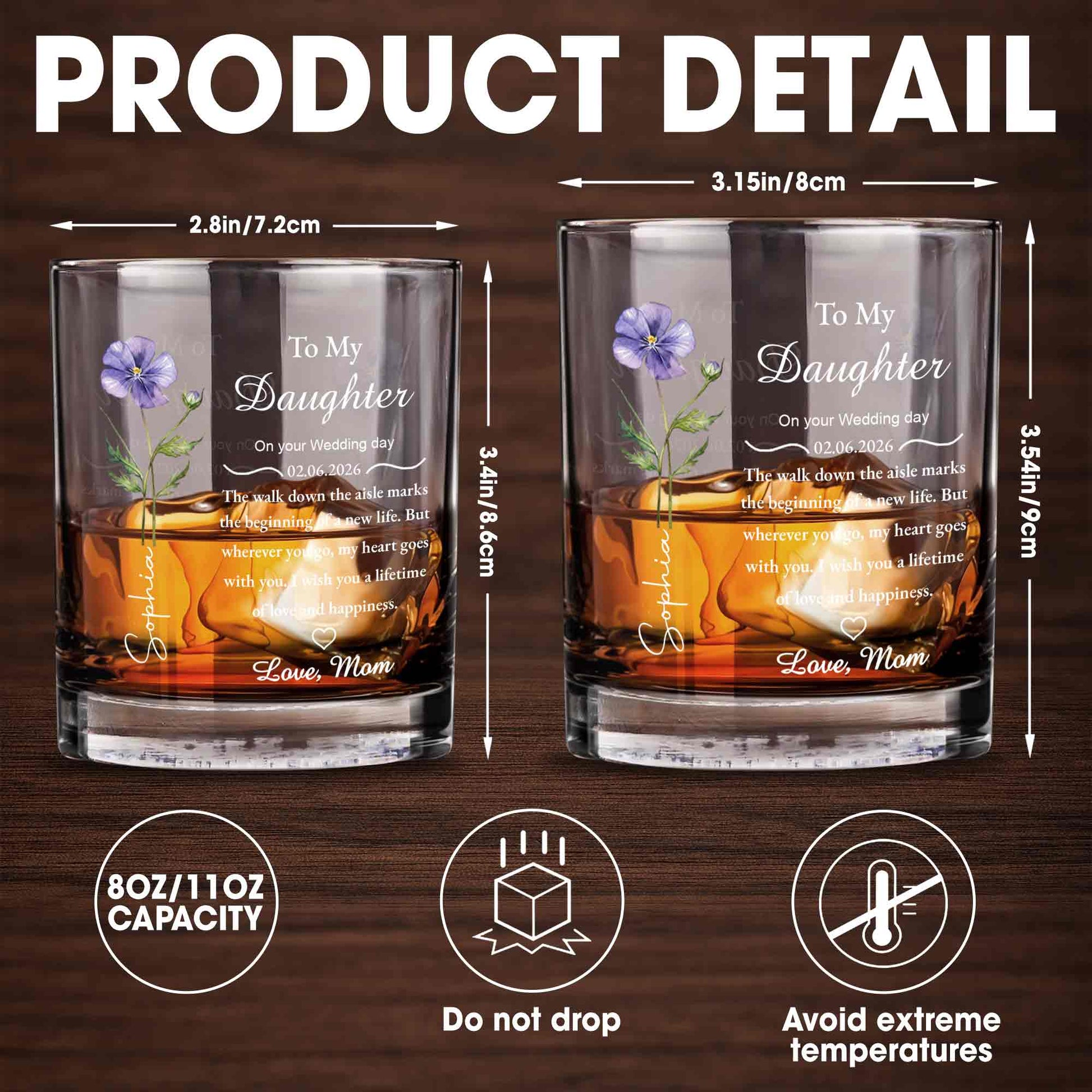 To My Daughter On Your Wedding Day Flower Heart - Personalized Custom Whiskey Glass - DAU322_RWG