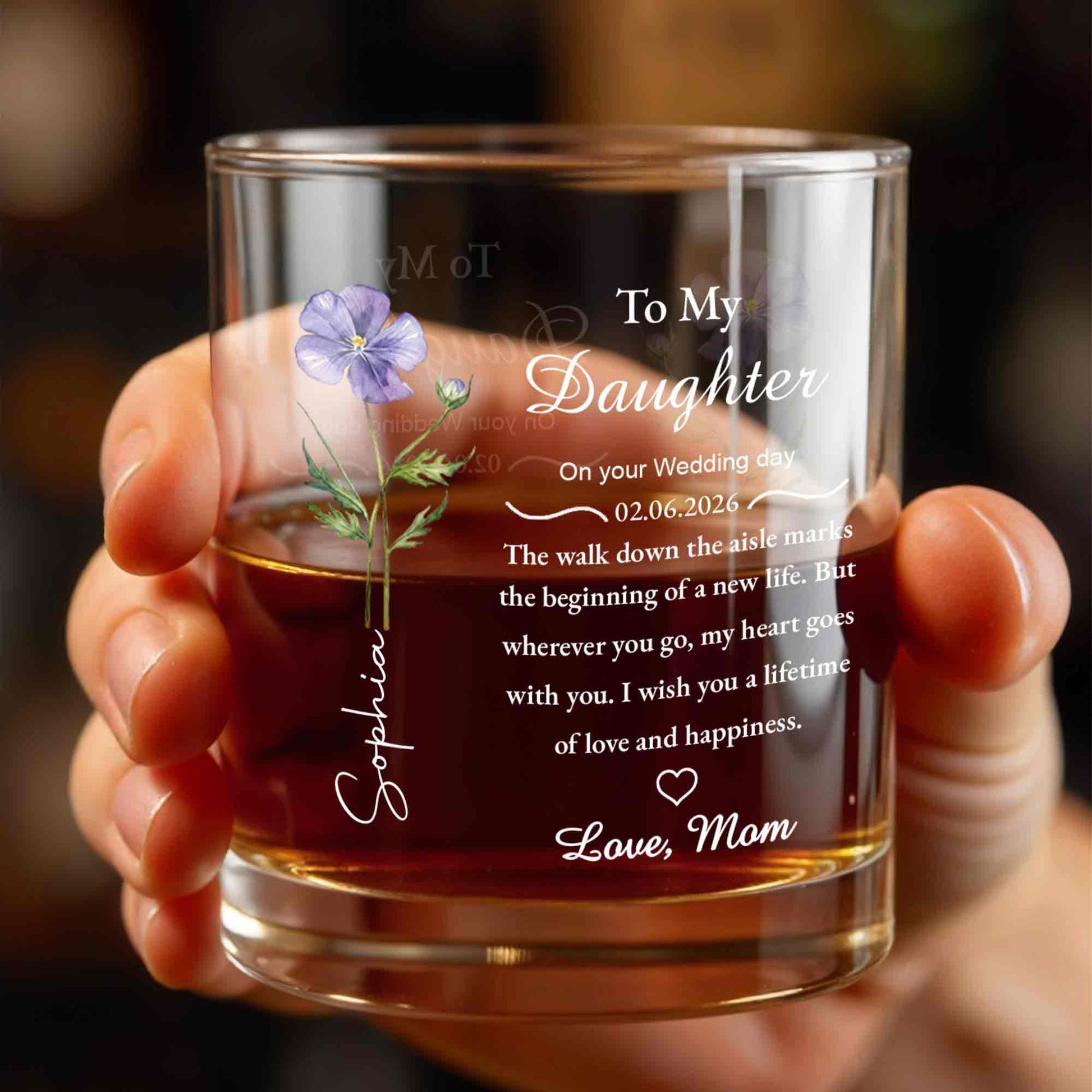 To My Daughter On Your Wedding Day Flower Heart - Personalized Custom Whiskey Glass - DAU322_RWG