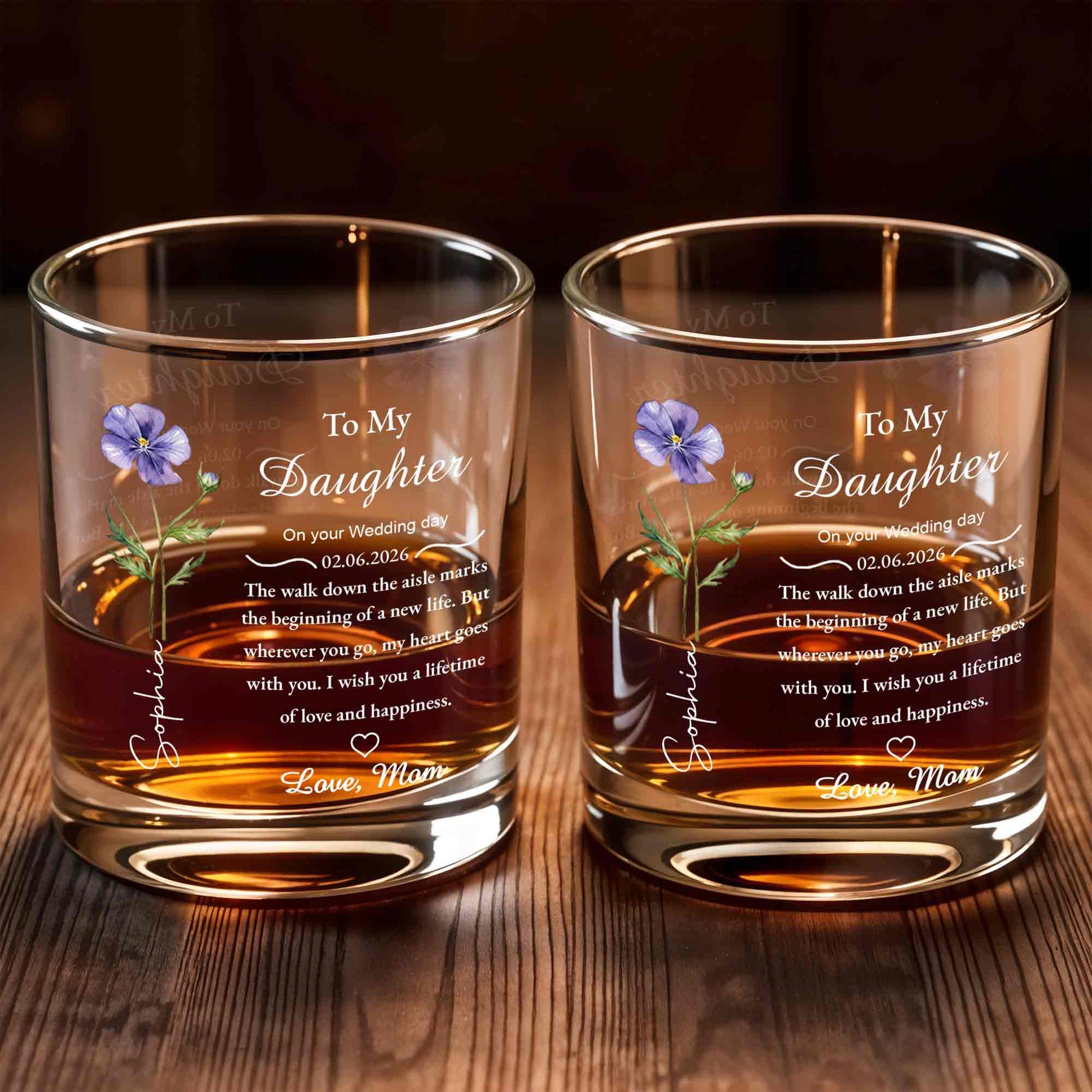 To My Daughter On Your Wedding Day Flower Heart - Personalized Custom Whiskey Glass - DAU322_RWG