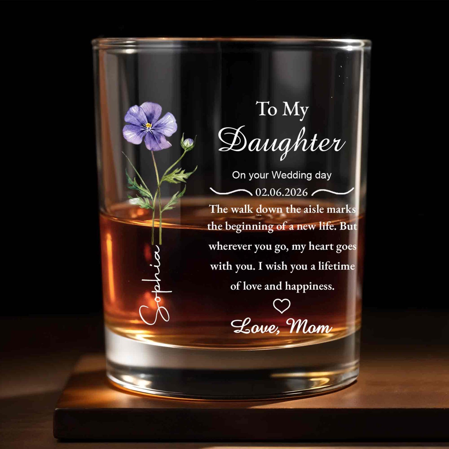 To My Daughter On Your Wedding Day Flower Heart - Personalized Custom Whiskey Glass - DAU322_RWG